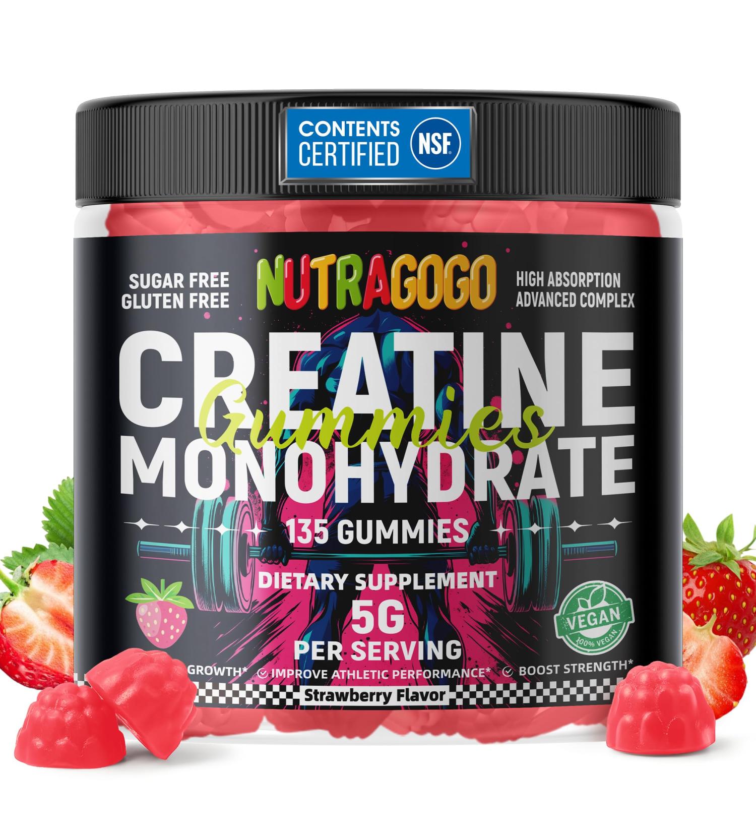 NUTRAGOGO NSF Certified Creatine Gummy - Creatine Monohydrate Gummies for Men & Women-5g of Creatine Monohydrate per Serving - Sugar Free Vegan Strawberry Electrolyte Chews 135 Count - Buy Online on GoSupps.com
