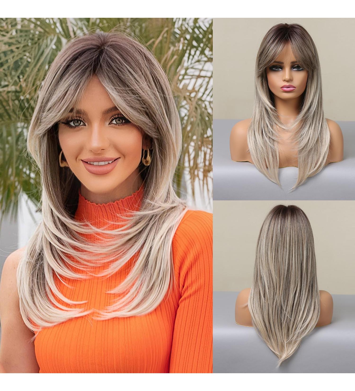 Allbell Long Straight Grey Blonde Wig with Bangs - Natural Looking Synthetic Hair for Women - Buy Online on GoSupps.com