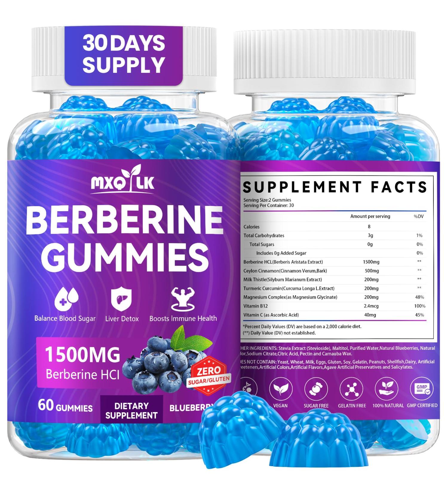 Berberine Gummies 1500mg High Potency Berberine Supplement with Ceylon Cinnamon and Milk Thistle Supports Glucose Metabolism & Natural Liver Function Vegan Sugar-Free Non-GMO 60 Count - Buy Online on GoSupps.com