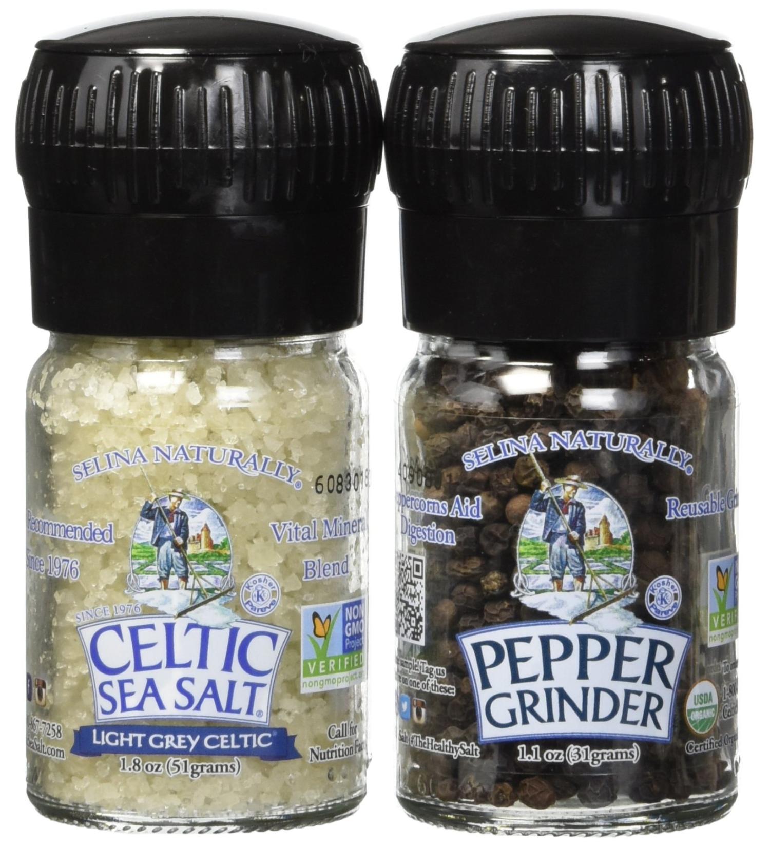 Celtic Sea Salt & Peppercorn Mini Grinders - Organic, Reusable Glass, 2.9 oz - Buy Online on GoSupps.com