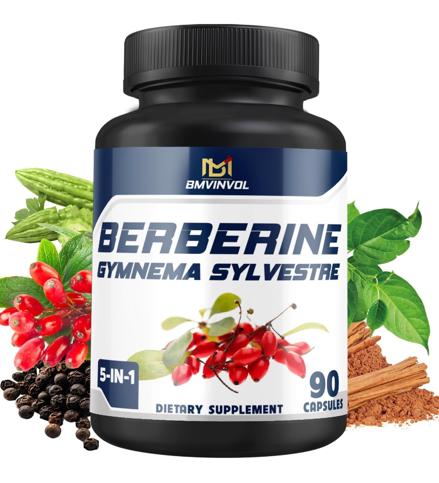 BMVINVOL 5-in-1 Berberine Supplement with Ceylon Cinnamon Gymnema Sylvestre Bitter Melon & Black Pepper - Supports Immune Function Cardiovascular Heart (90 Count) - Buy Online on GoSupps.com