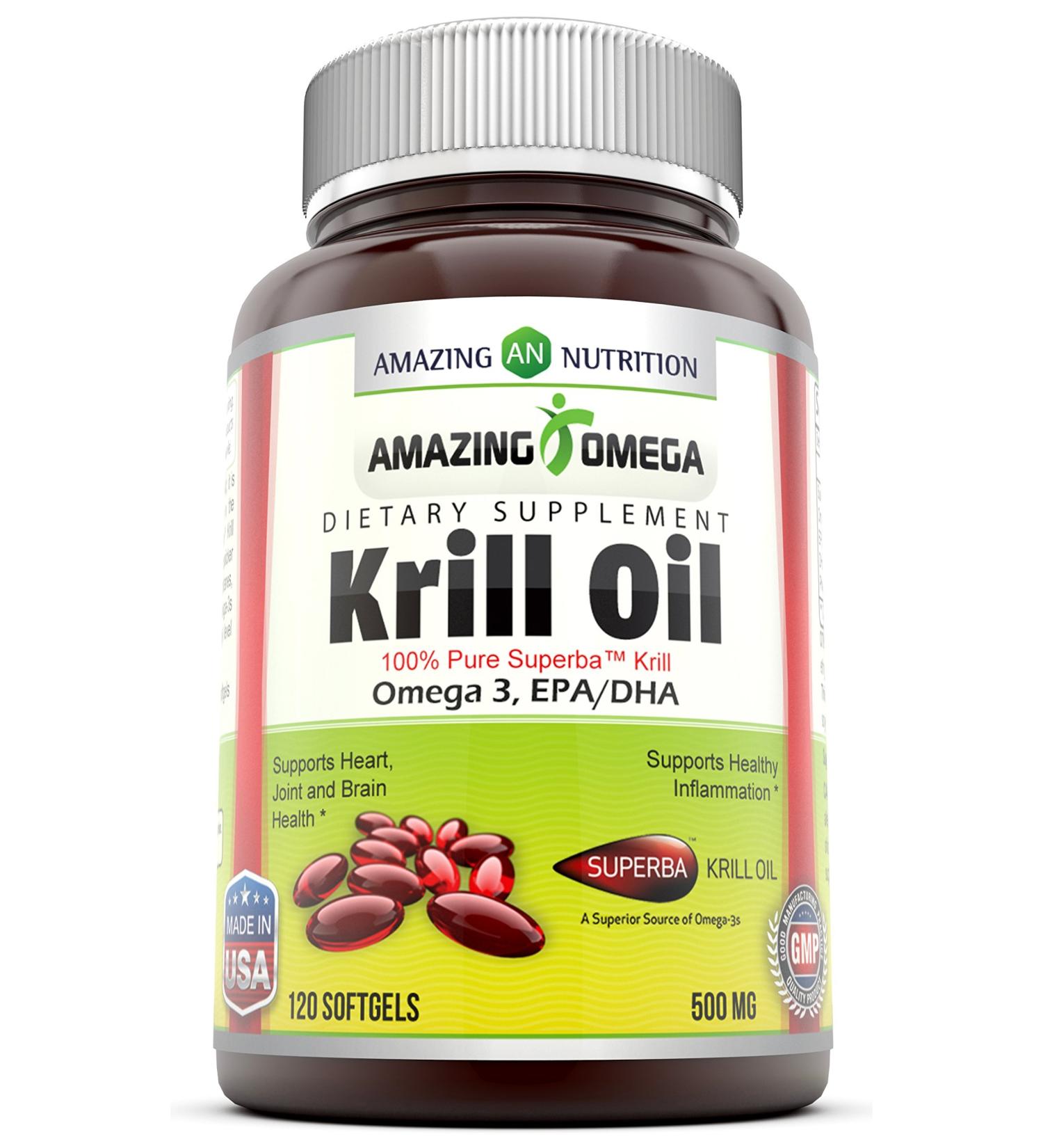 Amazing Omega Superba Krill Oil 500mg Softgels - Non GMO Gluten Free - 200mg Omega 3 Fatty Acids - 120mg EPA & 56mg DHA - Best Omega 3 Supplements (120 Count) - Buy Online on GoSupps.com