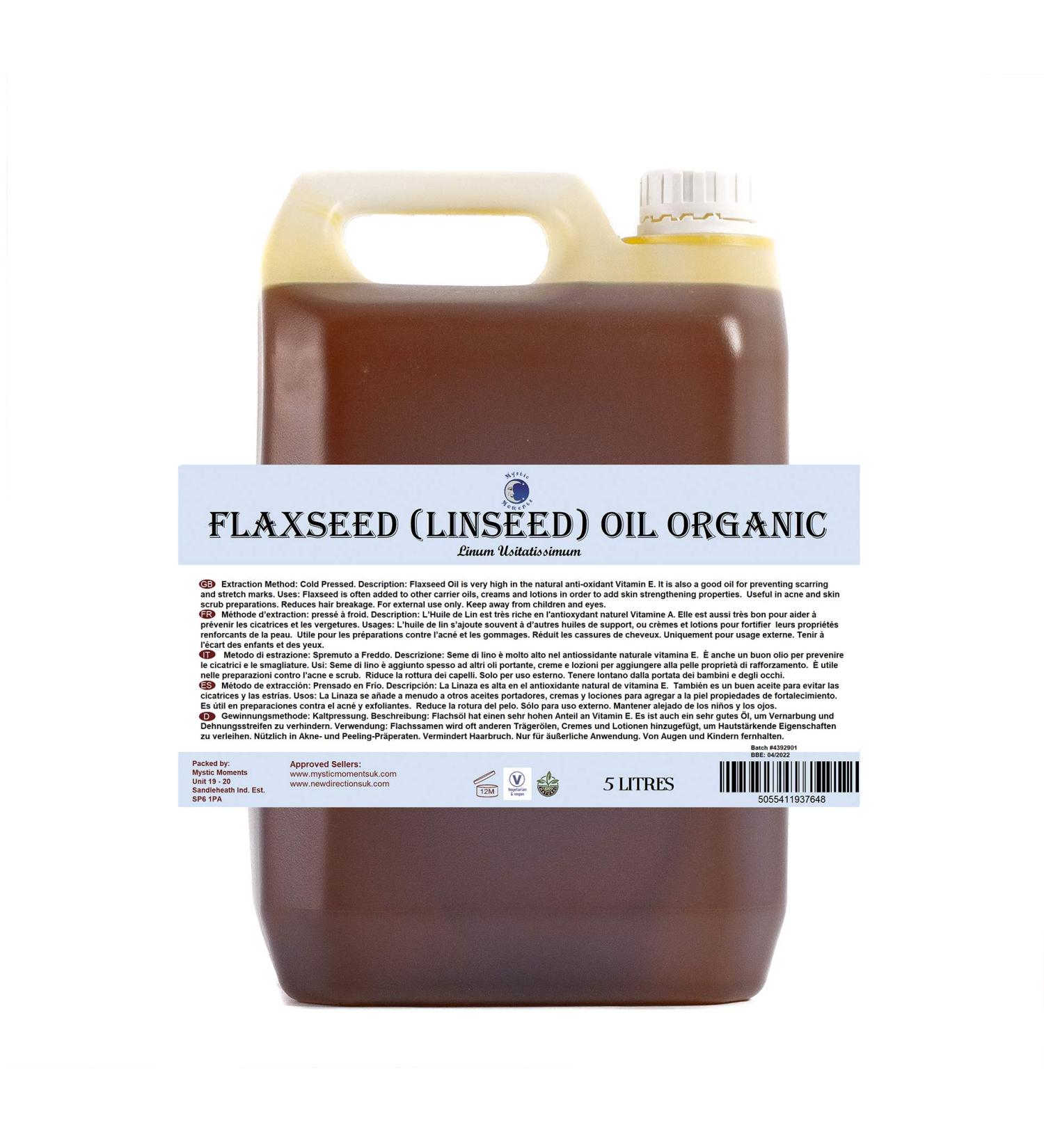 Mystic Moments Organic Flaxseed Oil 5 Litres 100% Pure Linseed Carrier Oil for Skin & Hair - Buy Online on GoSupps.com