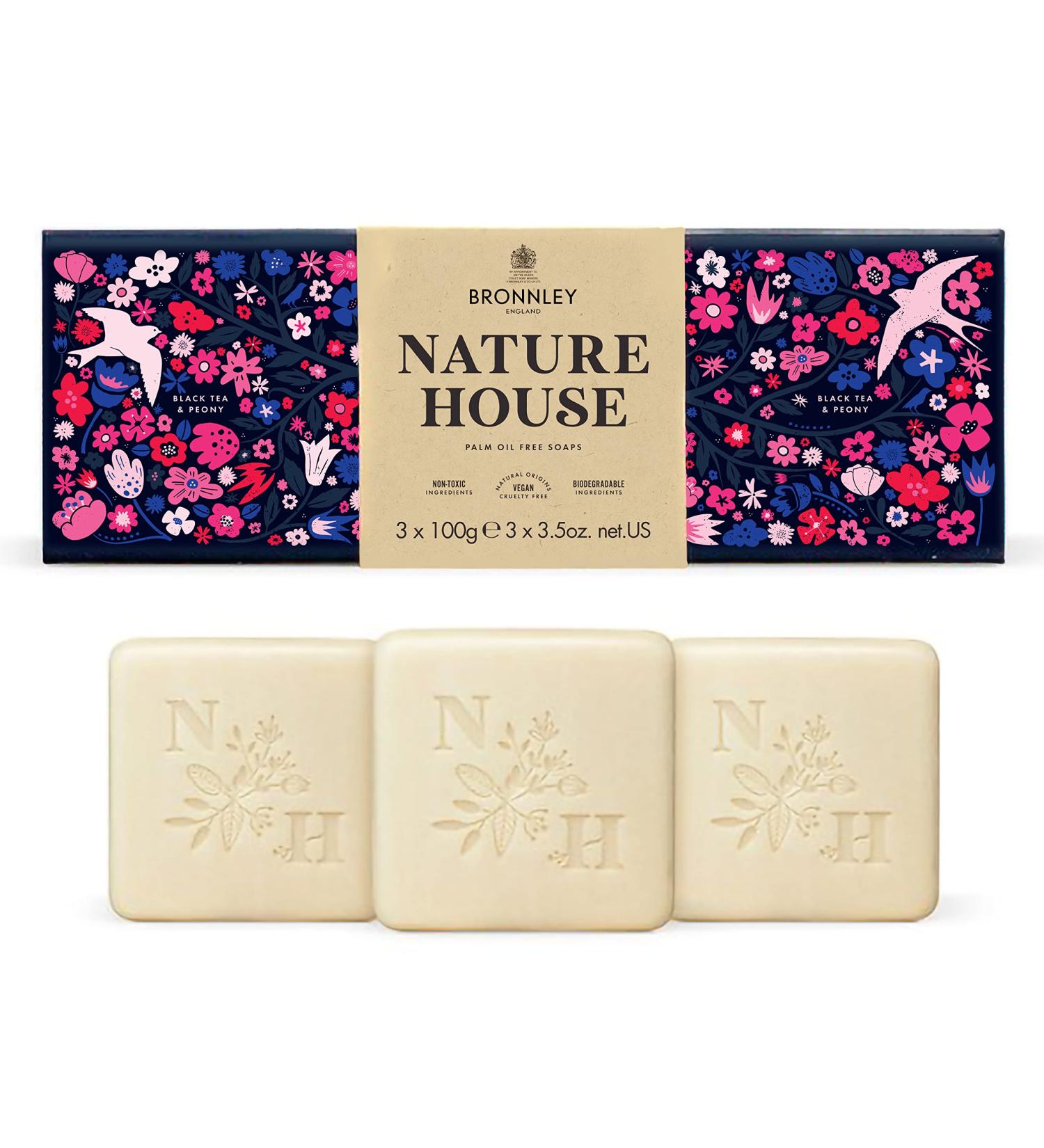 Bronnley England Black Tea & Peony Triple Milled Vegan Soap Bars - Set of 3 | Palm Oil-Free & Plastic-Free Packaging - 3.5oz each - Buy Online on GoSupps.com
