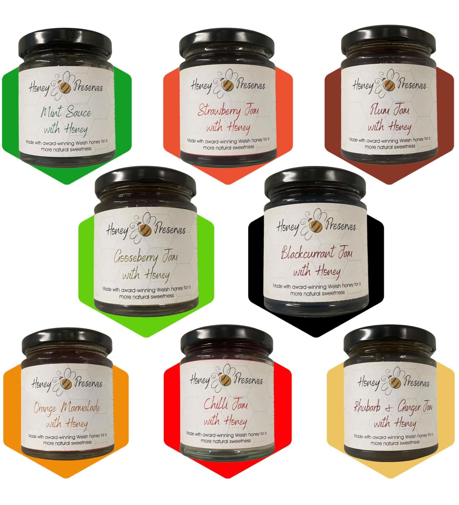 Honey Bee Preserves Jams Marmalades Pick N Mix - Choose From 8 Flavours | Mint Sauce Strawberry Plum-Jam Gooseberry-Jam Blackcurrant Orange-Marmalade - Pack of 6 - Buy Online on GoSupps.com