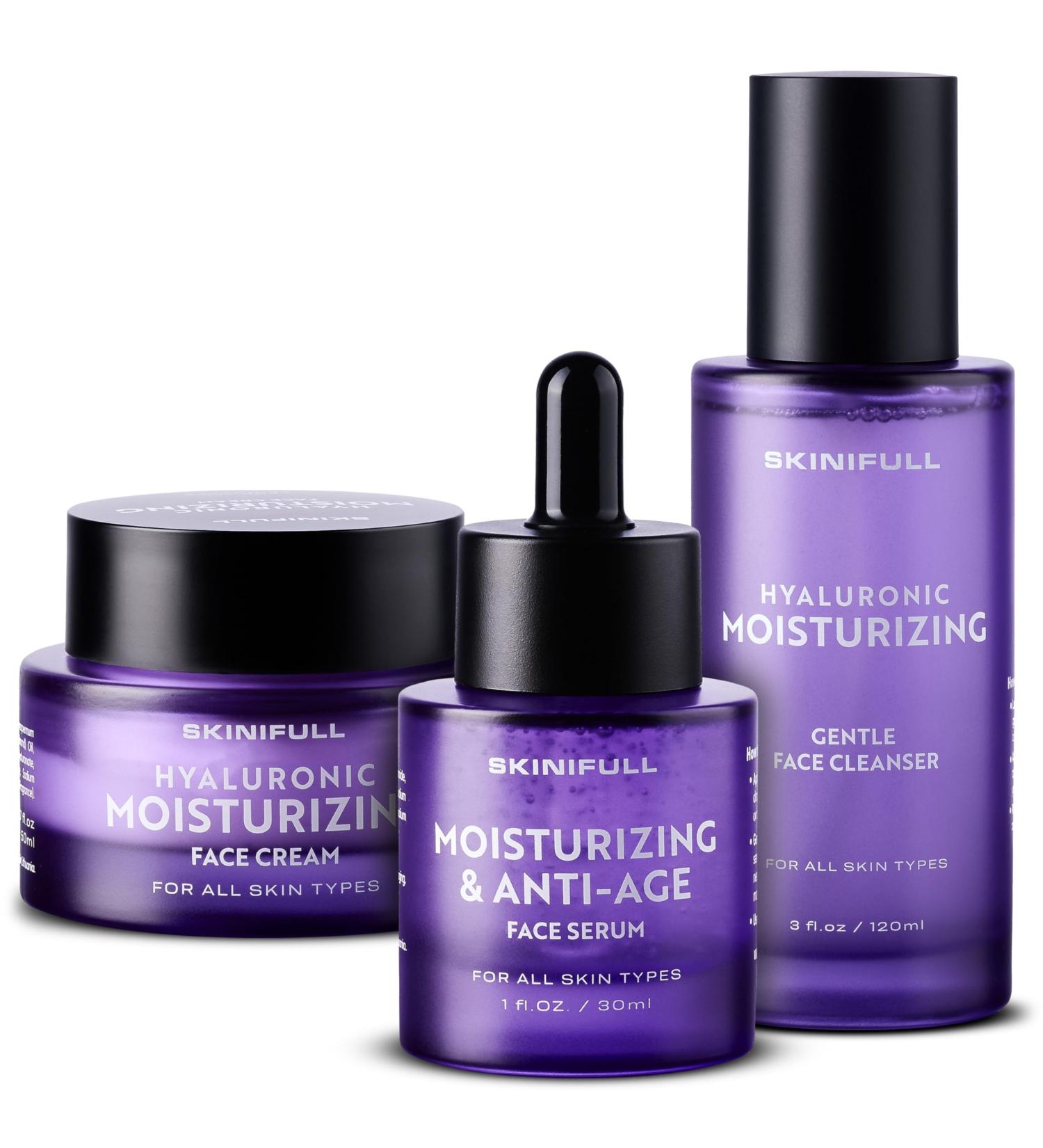 Skinifull Facial Skincare Set - Hyaluronic Face Cream + Anti-Aging Face Serum + Face Cleanser - Buy Online on GoSupps.com
