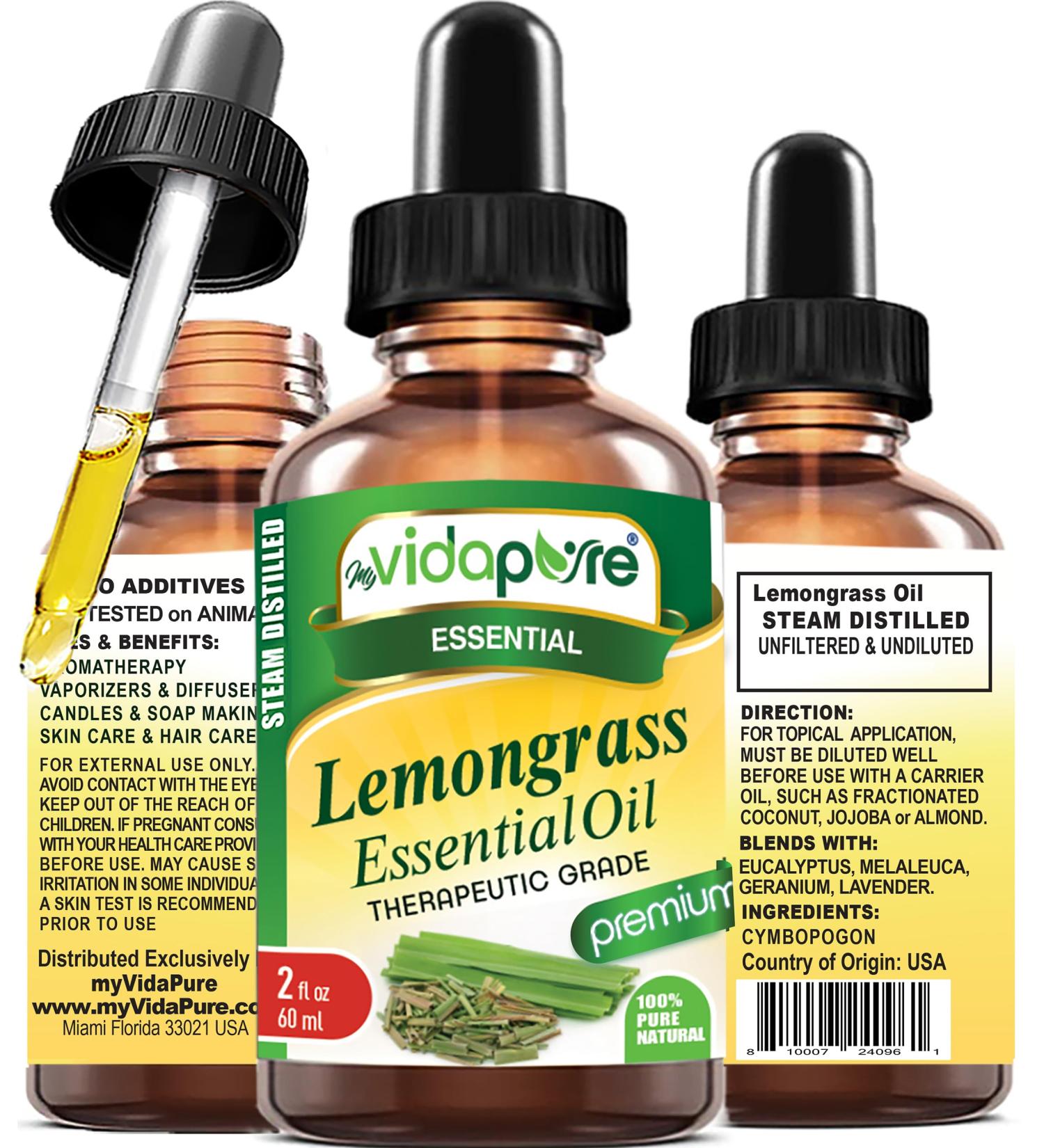 myVidaPure Lemongrass Essential Oil 100% Pure Natural Undiluted 2 fl oz- 60 ml for Beauty Skin Hair Aromatherapy Soaps Candles Reed Diffusers Perfume
