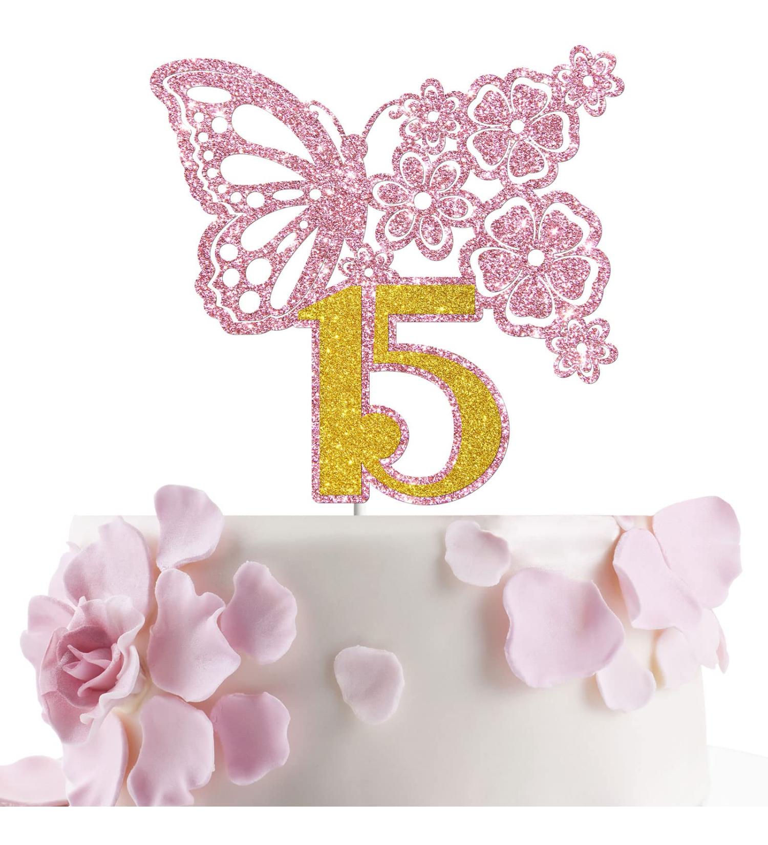 Tenhaisi Pink & Gold 3D Butterfly Flower Sign 15 Cake Topper - Happy 15th Birthday/Anniversary Party Decoration 3D Cake Topper- Girls 15th Birthday Party Supplies - Buy Online on GoSupps.com