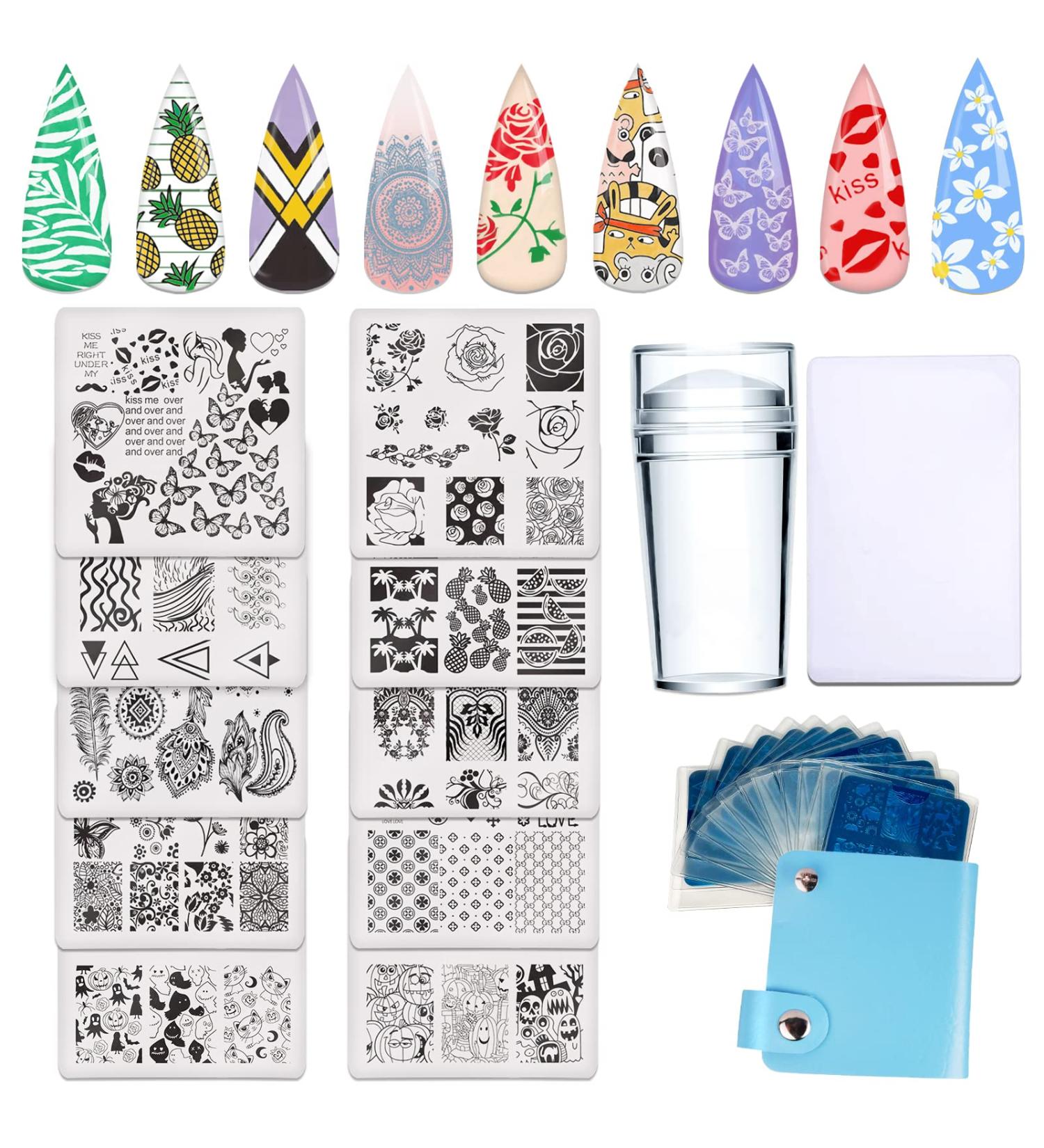 Summer Nail Stamping Plates Set with Stamper & Scraper - 10 Image Templates for Manicure DIY - Animal, Flower, Lace Designs - Includes Storage Bag - Buy Online on GoSupps.com