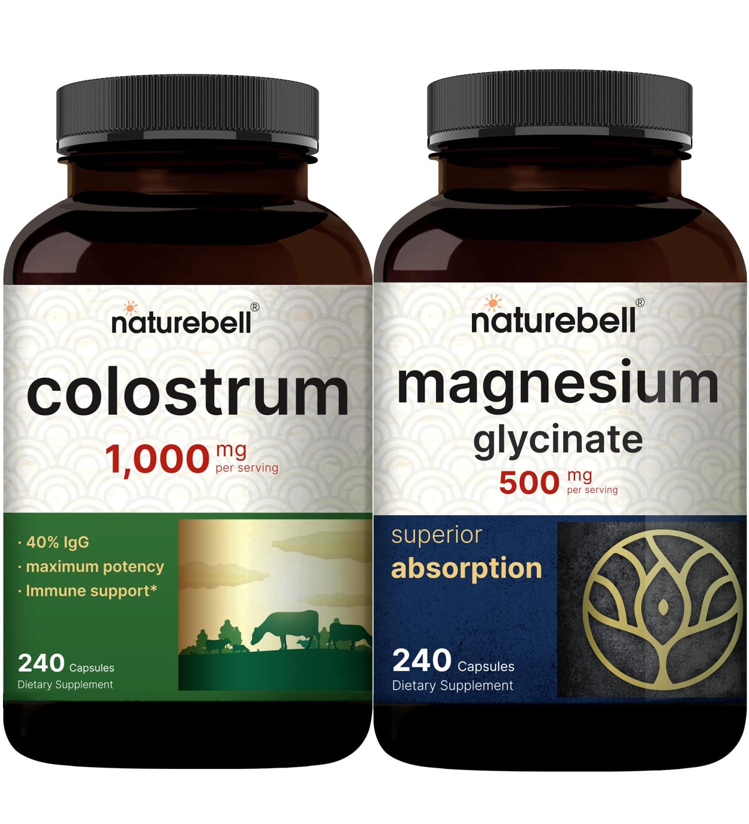 NatureBell Magnesium Glycinate Capsules 500mg & Colostrum Capsules 1,000mg Per Serving Bundle Pack | Chelated & Purified Mineral | Mother s First Milk from Grass Fed Bovine - Buy Online on GoSupps.com
