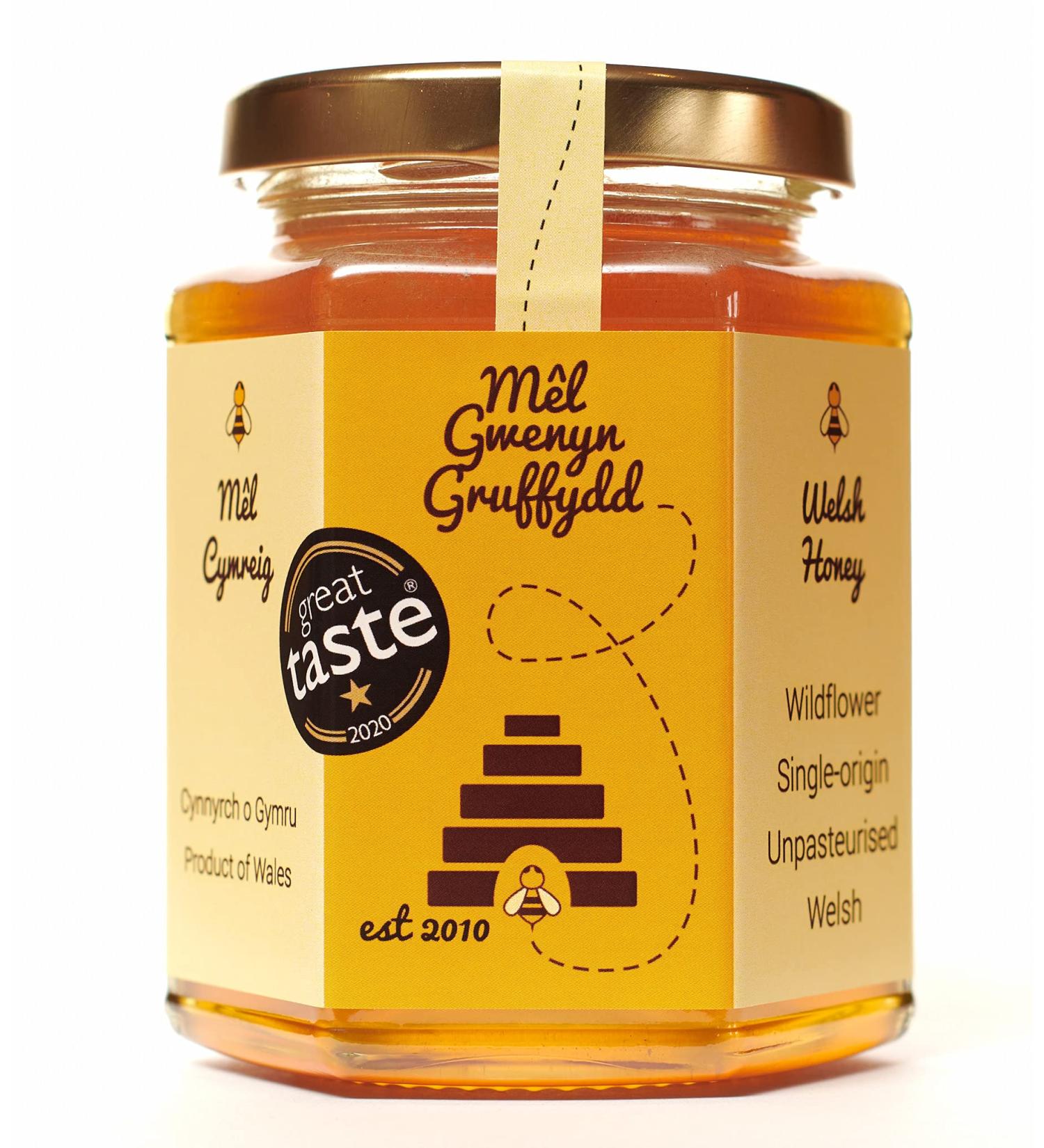 M l Gwenyn Gruffydd | Local Welsh British Pure Honey | Natural Blossom Unpasteurised Honey | 340g Glass jar | Wildflower Honey | Raw Honey British | Natural Honey - Buy Online on GoSupps.com