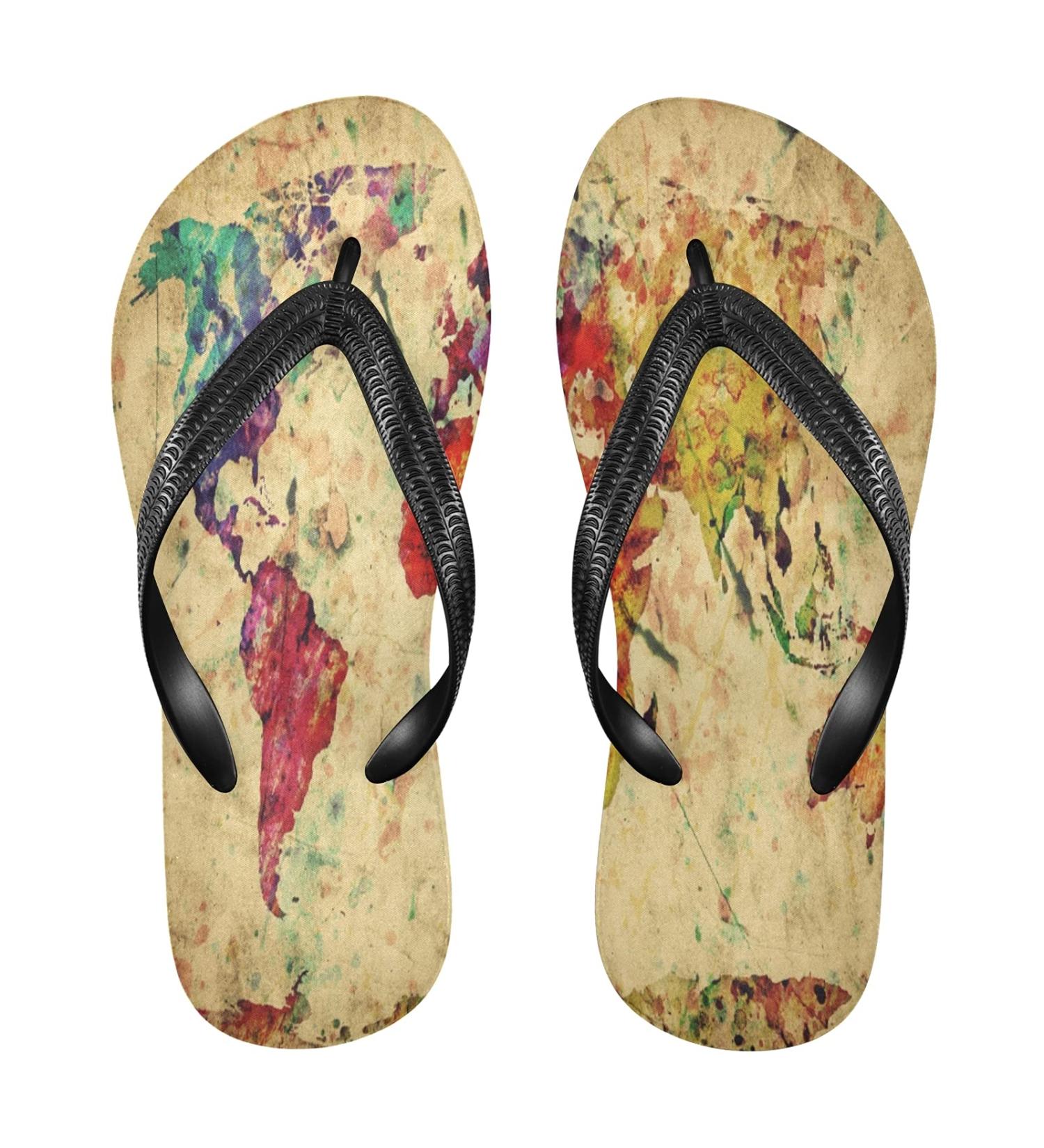 Mnsruu Vintage World Map Watercolor Flip Flops - Stylish XXL Sandals for Men & Women | Perfect Home Spa & Travel Slippers - Buy Online on GoSupps.com