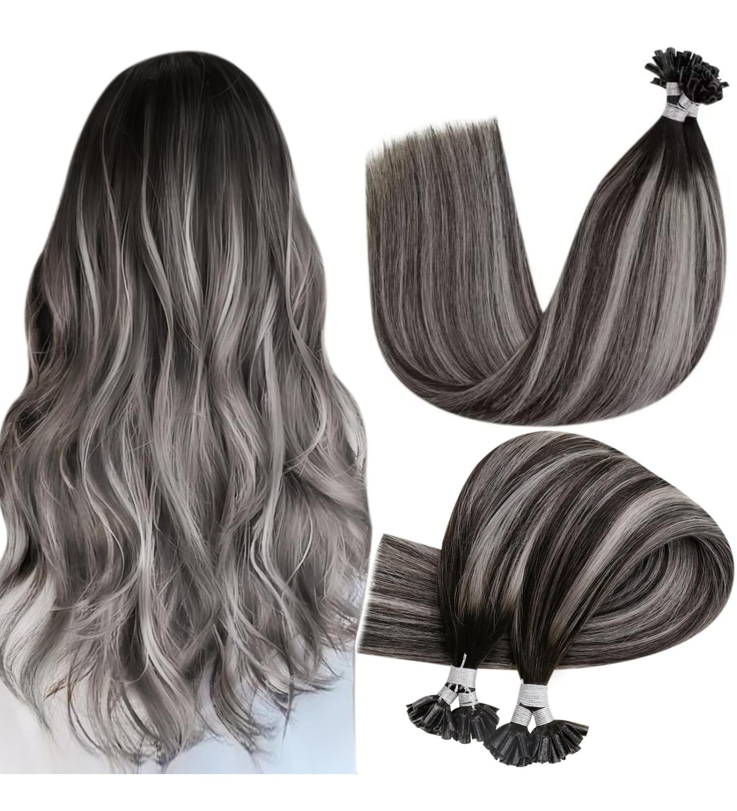 Hetto Bonding Extensions - Real Hair Balayage U-Tip Remy Keratin Hair Extensions 18 inch (45 cm) | Black to Gray #1b/Silver | 50g - Buy Online on GoSupps.com