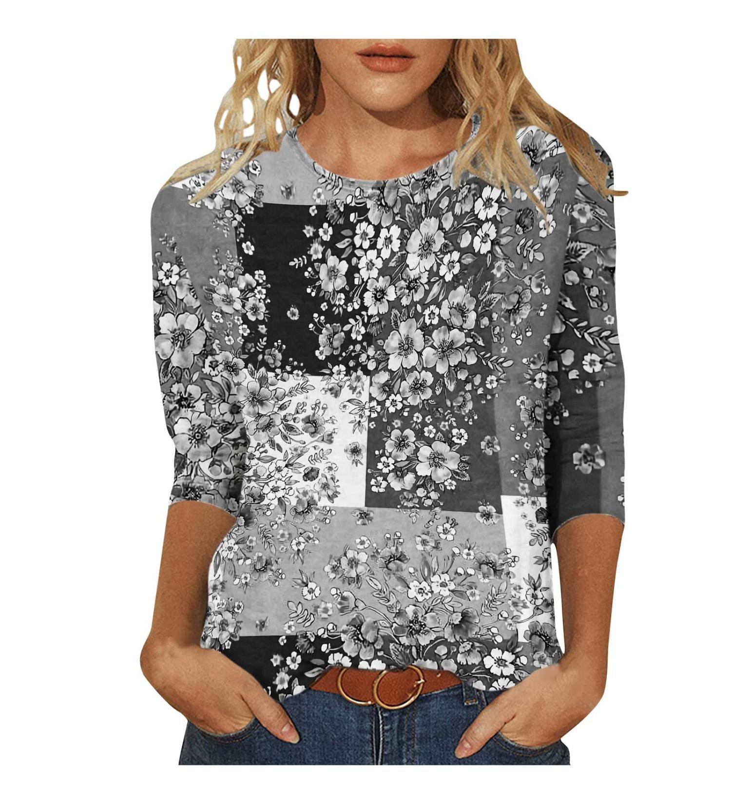 oelaio Women's Casual 3/4 Sleeve Floral Print Loose Tunic Tops Round Neck T-Shirt Fashion Work Cozy Soft Blouses Tshirts Gray XX-Large - Buy Online on GoSupps.com