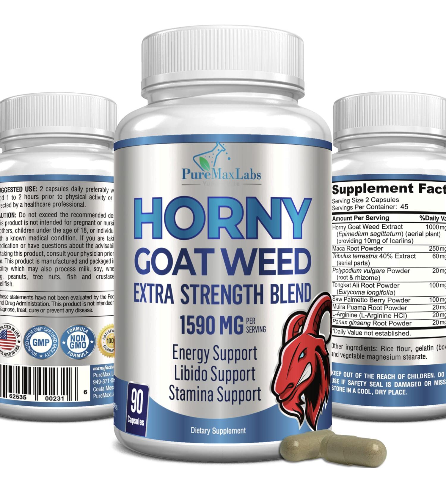 Horny Goat Weed 1590mg Extra Strength w/ Maca, L-Arginine, Ginseng - Boost Performance, Stamina, Energy - Non-GMO Formula - 90 Capsules - Buy Online on GoSupps.com
