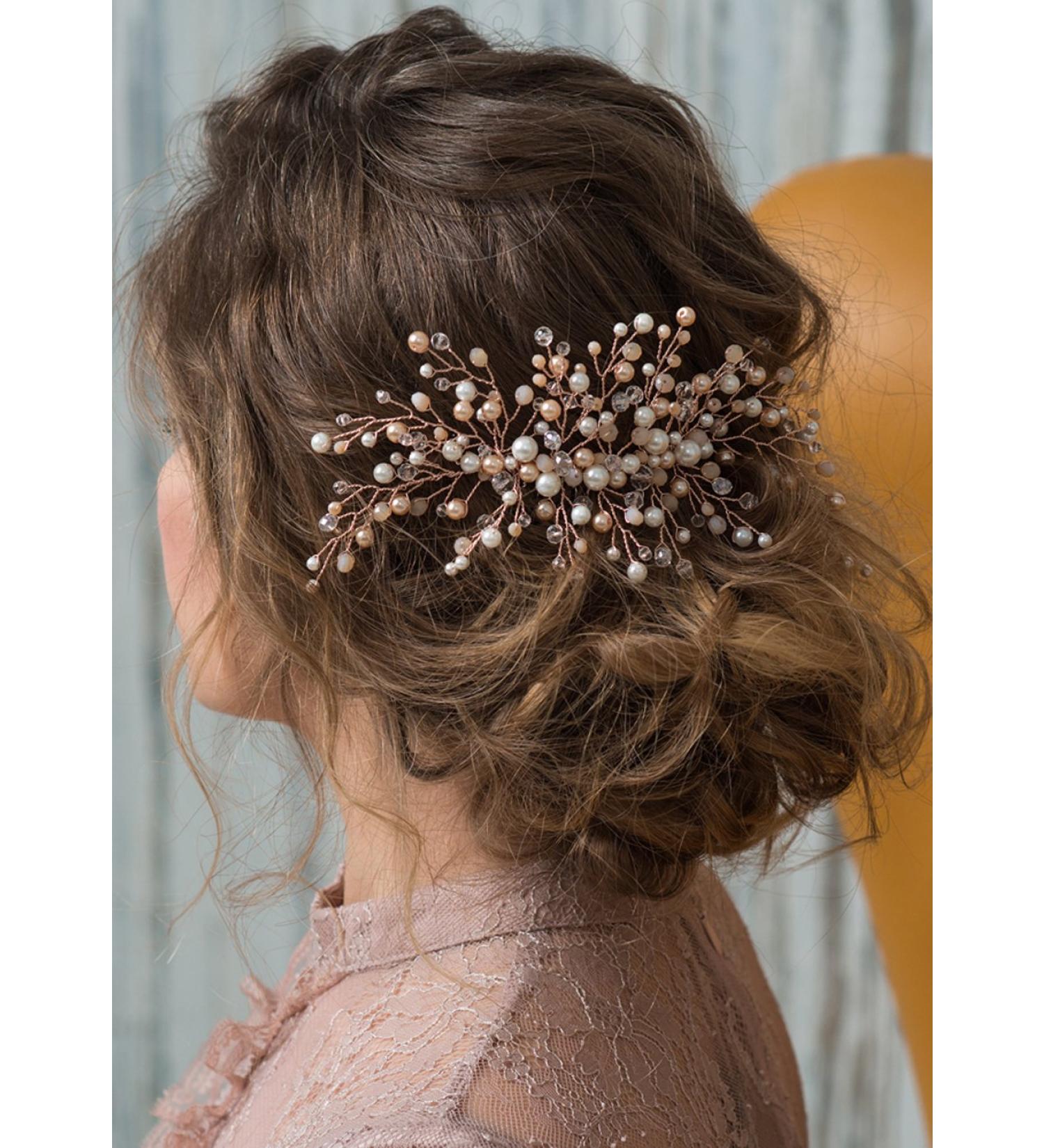 Kercisbeauty Wedding Bridal Pink Champagne Beads Rose Gold Hair Comb Slide Headband Bun Hair Accessory for Prom(Rose Gold) - Buy Online on GoSupps.com