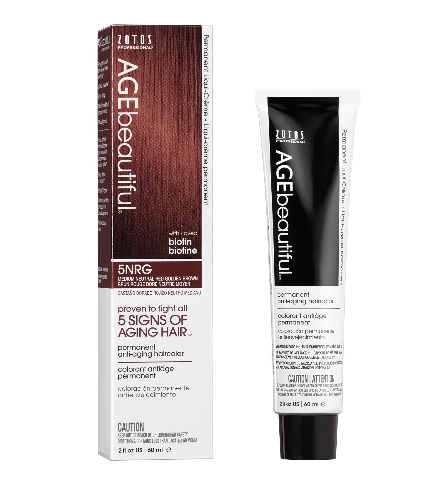 AGE Beautiful Permanent Hair Color Dye - 100% Gray Coverage Anti-Aging Formula with Biotin for Thicker Hair - Professional 5NRG Medium Neutral Red Golden Brown - Buy Online on GoSupps.com