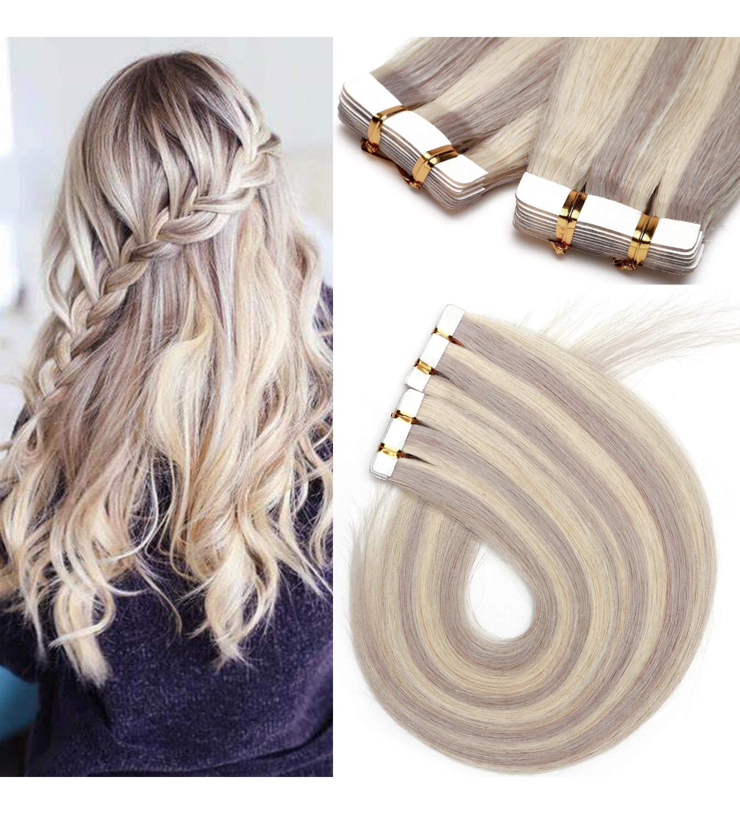 SEGO Tape in Hair Extensions - 20 Tressen 40g Remy Hair Platinum Blonde/Gray #60P - Includes 10 Free Tapes 12 (30cm) - Buy Online on GoSupps.com