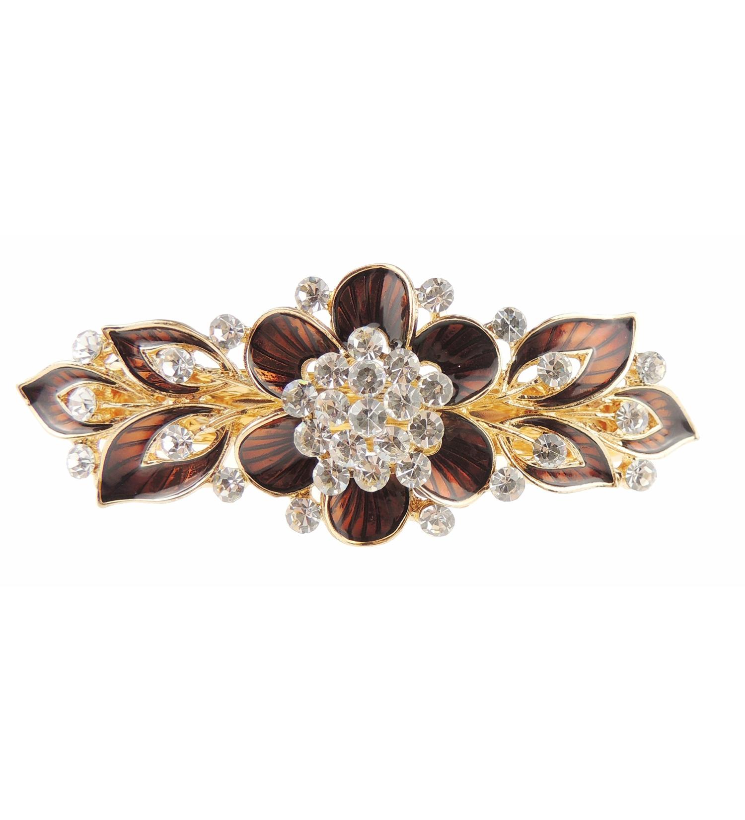 Ladies Enamel & Diamante Evening Occasion Stencil Hair Barrette Clip Leaves & Flower Brown