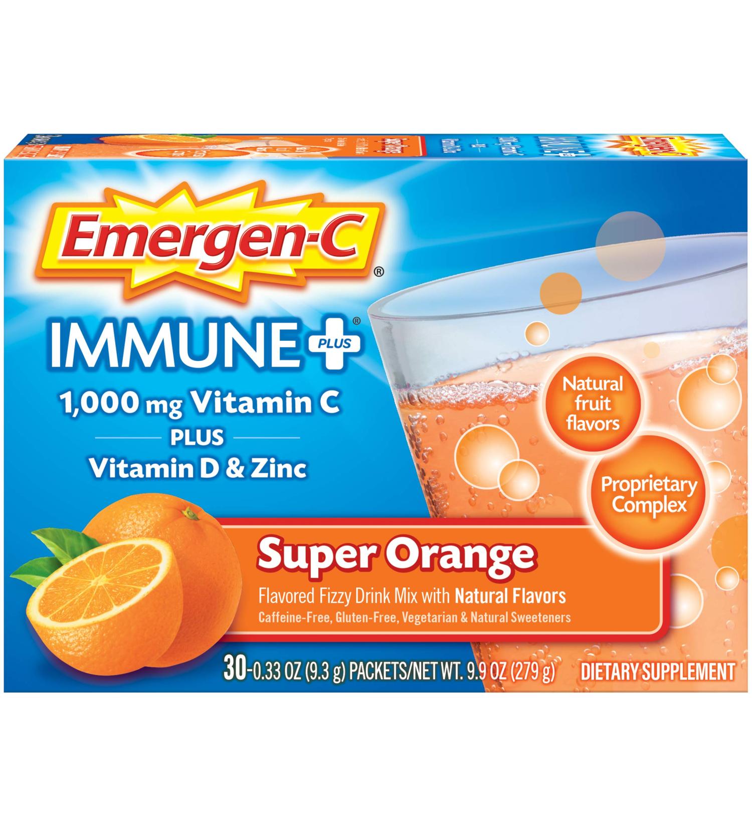 Emergen-C Immune+ 1000mg Vitamin C Powder with Vitamin D Zinc Antioxidants and Electrolytes for Immunity Immune Support Dietary Supplement Super Orange Flavor - 30 Count/1 Month Supply - Buy Online on GoSupps.com