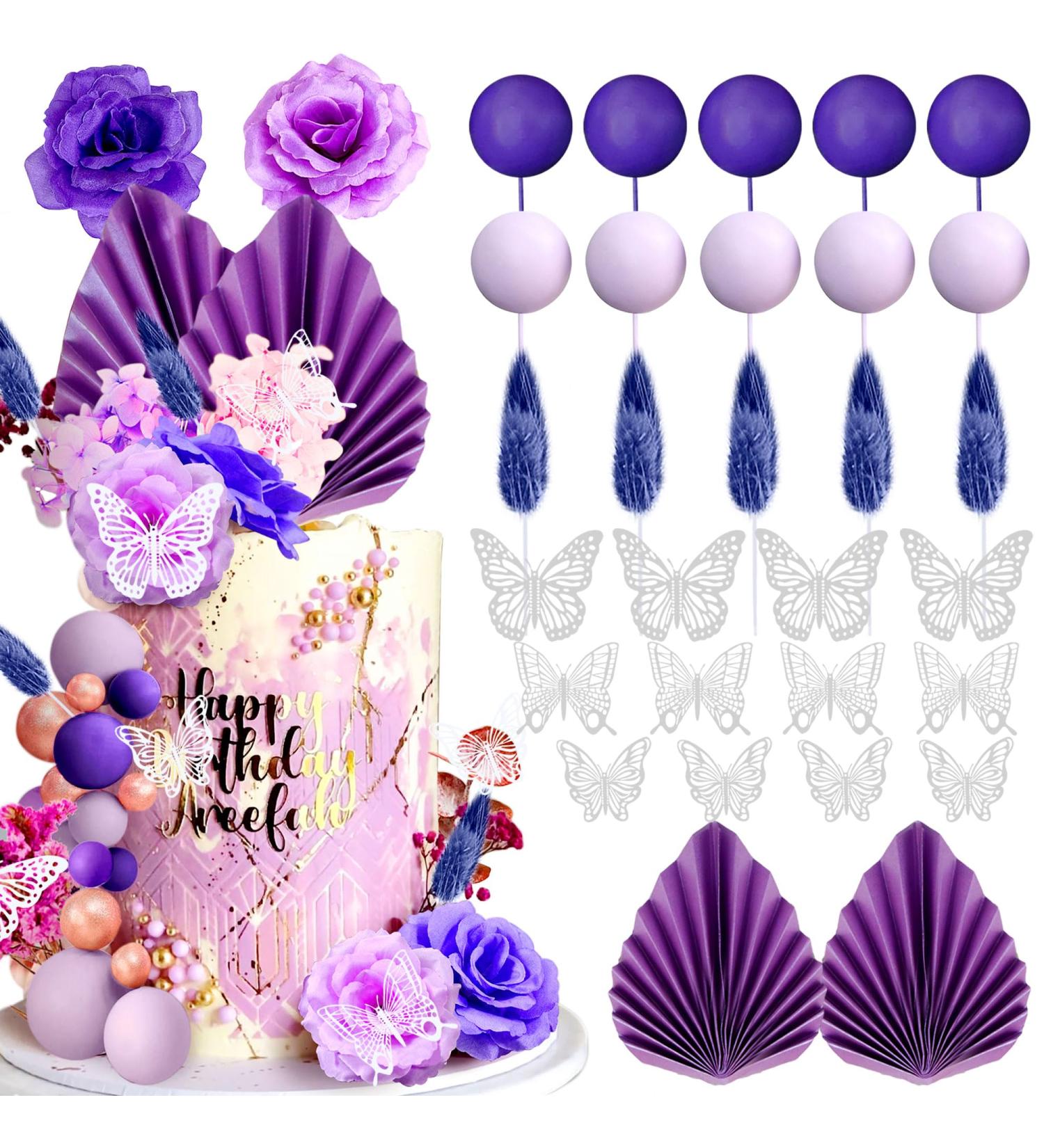 JeVenis Lavender Cake Decoration Purple Rose Cake Topper Butterfly Palm Leaves Purple Balls Cake Decoration for Wedding Bridal Shower Birthday Colour1 - Buy Online on GoSupps.com
