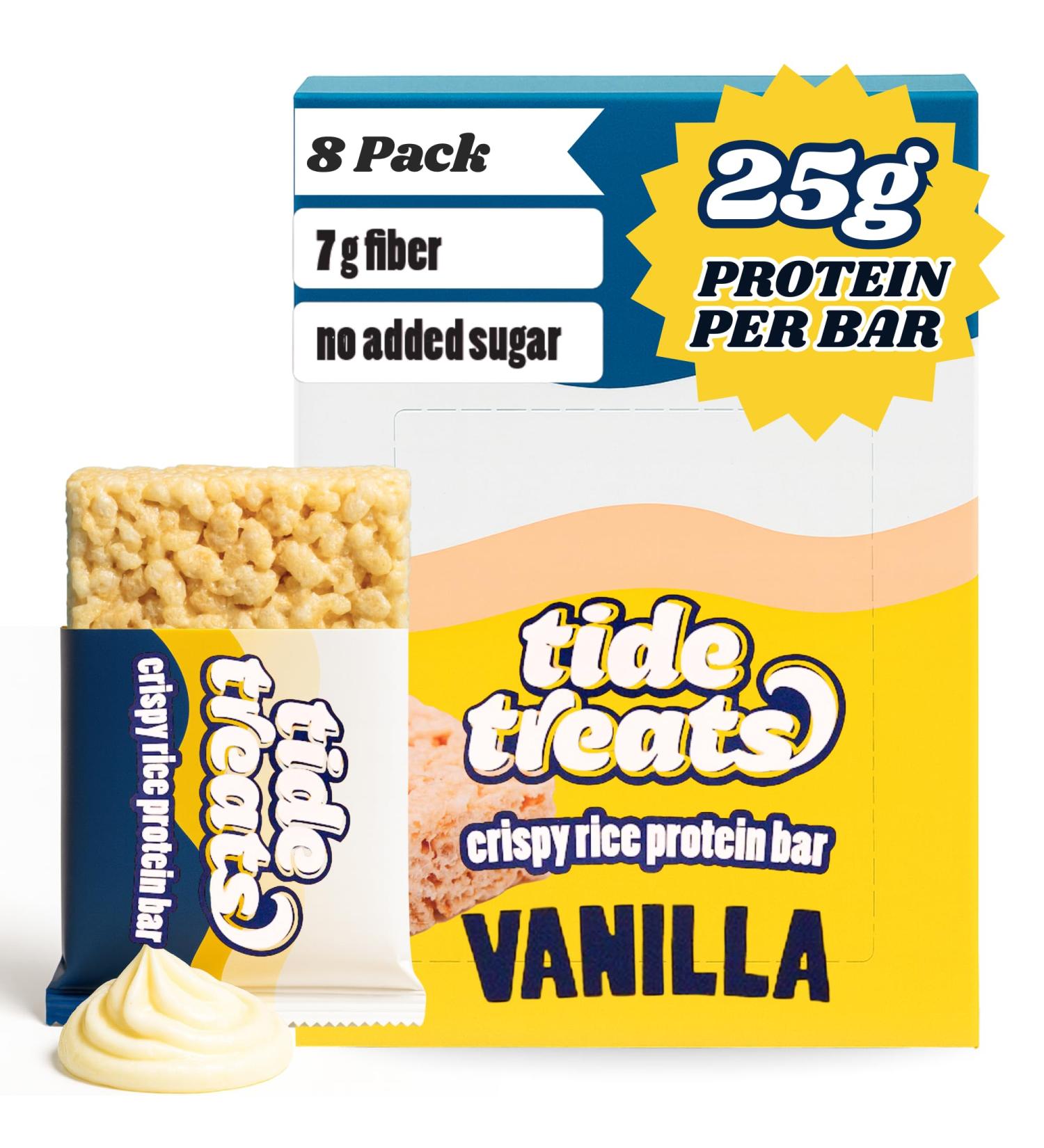 25g Protein Bar Crispy Rice Treat Vanilla | Clean Ingredients No Added Sugar 7g Fiber Gluten Free | High Protein Snack for On-the-Go Post-Workout or Dessert Cravings | 8 Count | TideTreats - Buy Online on GoSupps.com