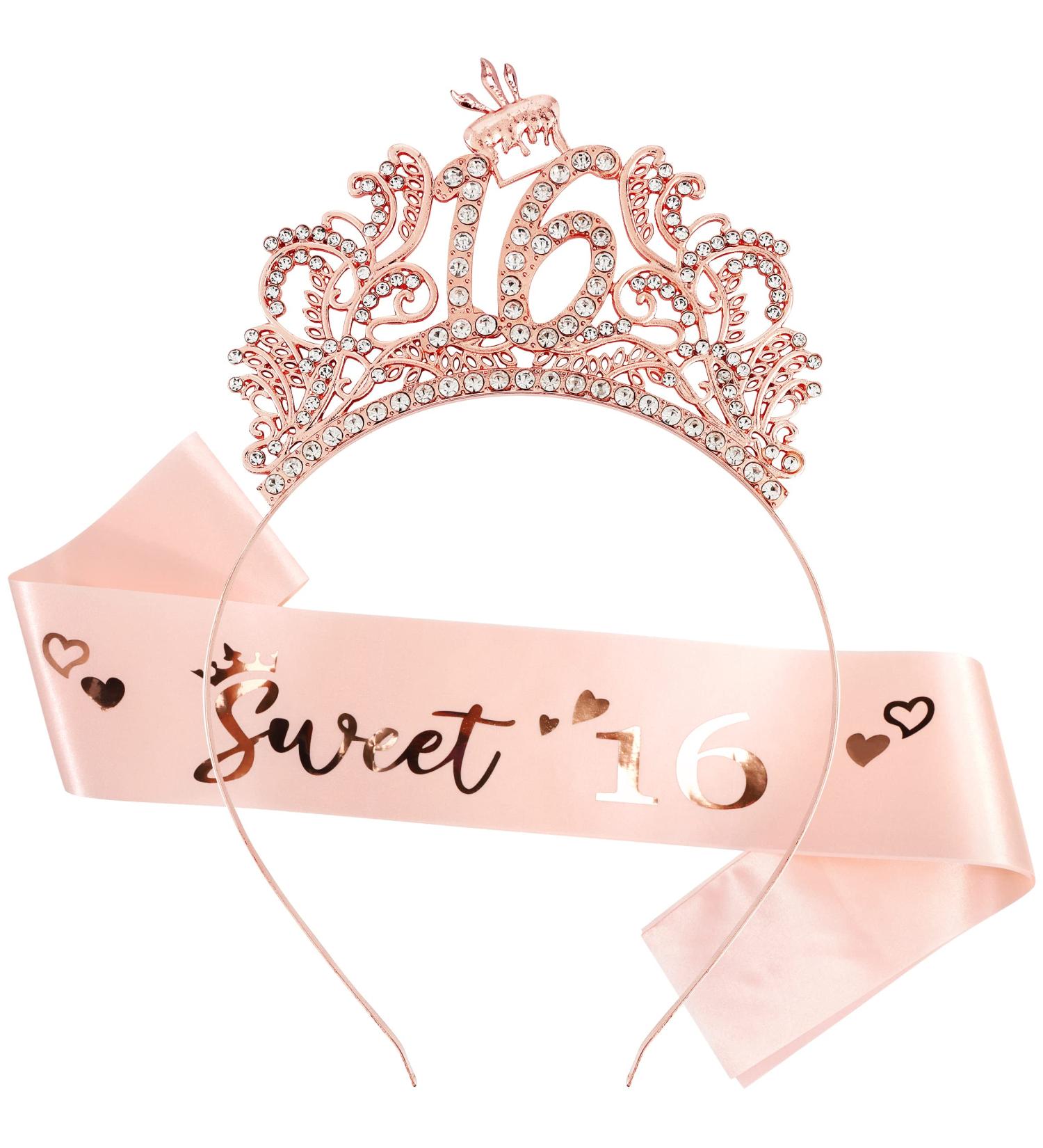 Vovii 16th Birthday Sash and Tiara Set - Rose Gold Princess Crown Hair Accessories for Women - Ideal 16th Birthday Decorations and Gifts for Her - Happy Birthday Party Favors - Buy Online on GoSupps.com
