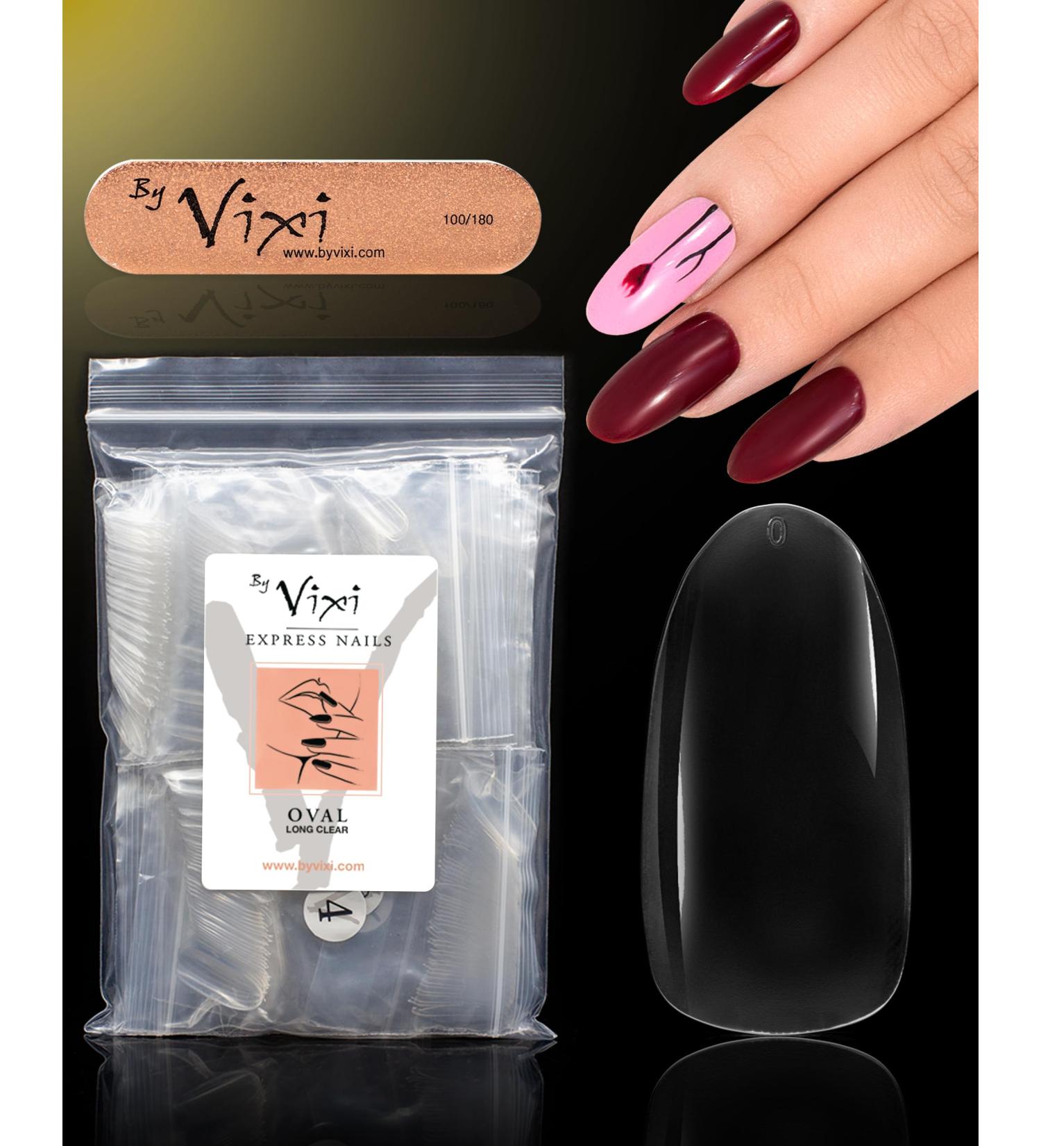 Vixi 600 Long Oval Nail Set with Prep File - 10 Sizes Clear Express Full Cover False Fingernail Extensions for Salon & Home Use - Buy Online on GoSupps.com