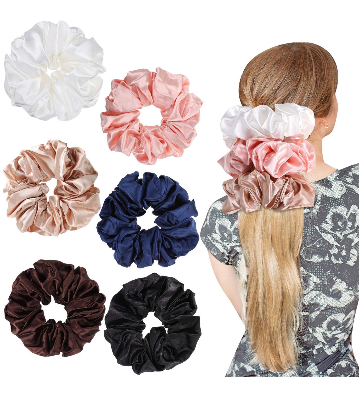 6-Piece Oversized Satin Scrunchies Set for Women and Girls - Pink, Champagne, Coffee, White, Black, Navy Blue - Buy Online on GoSupps.com
