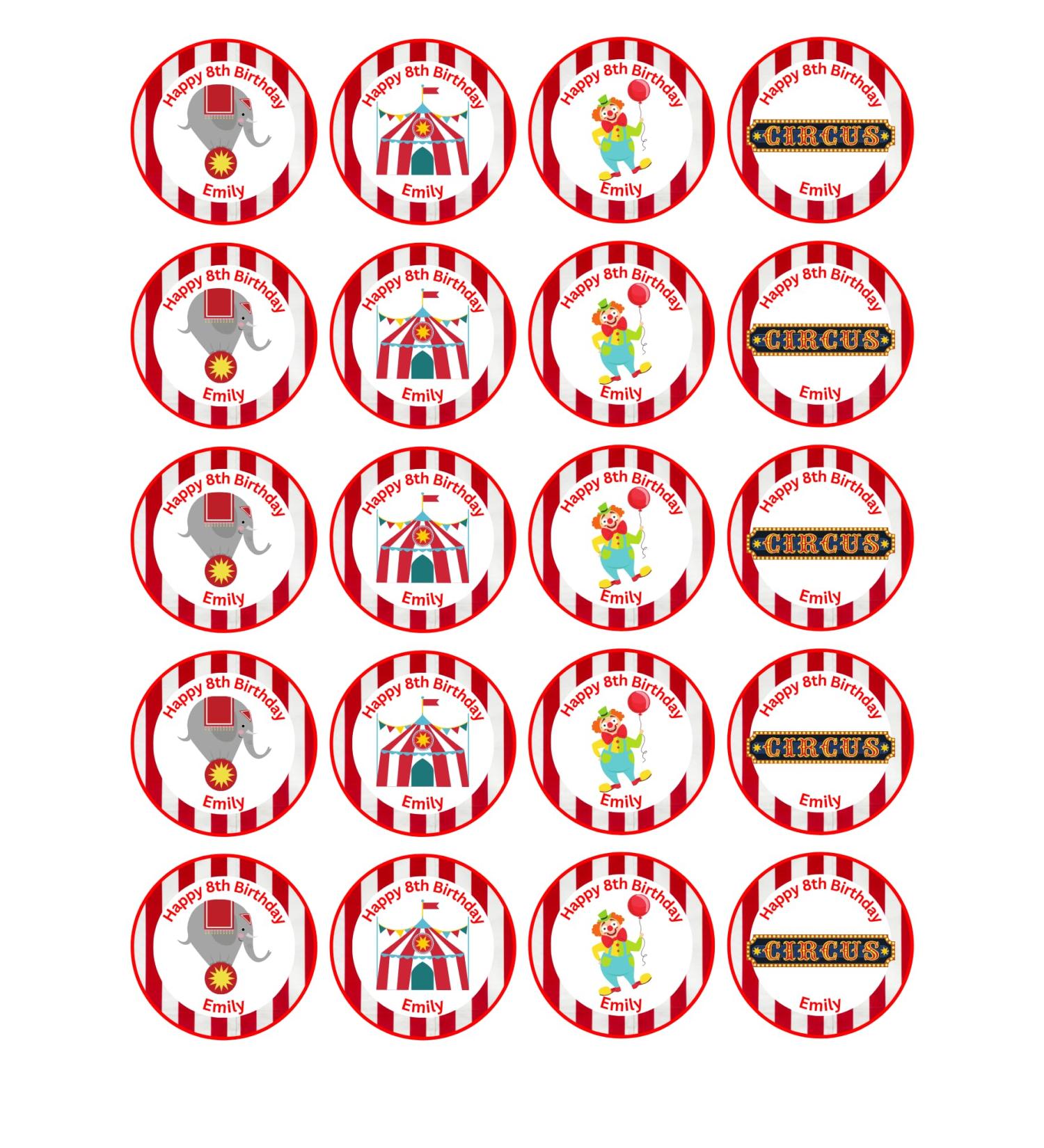 edible 20 x Circus Birthday Personalised cupcake toppers uncut (wafer card)