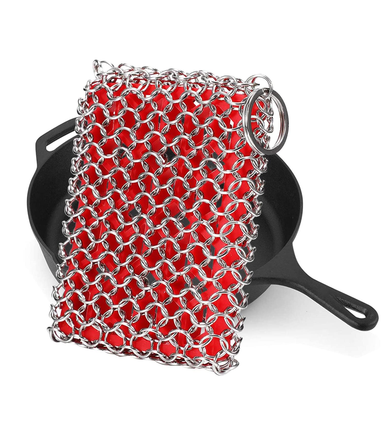 316 Stainless Steel Chainmail Cast Iron Skillet Cleaner with Silicone Insert - Buy Online on GoSupps.com