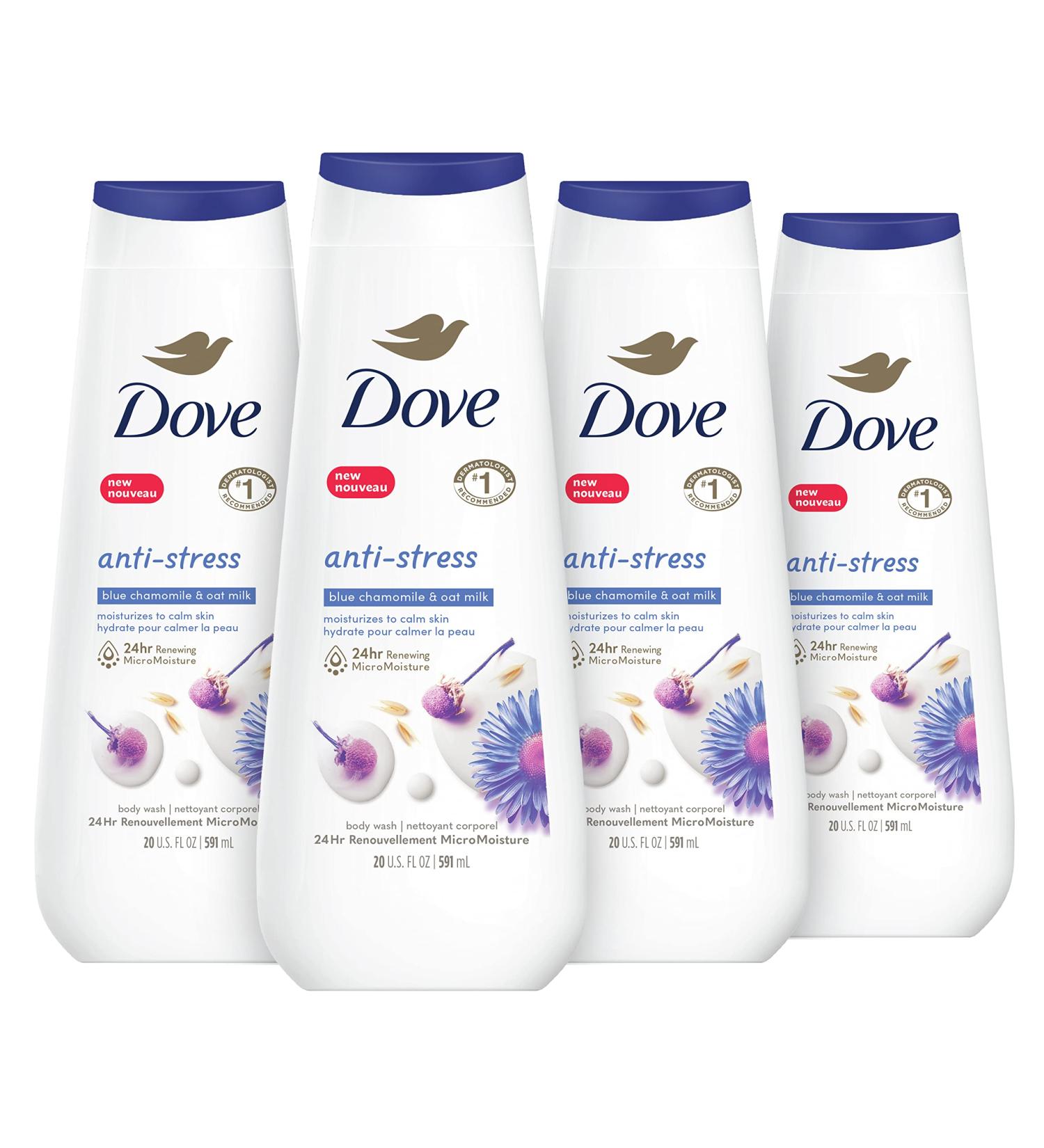 Dove Body Wash Anti-Stress Blue Chamomile & Oat Milk 4 Count for Renewed Healthy-Looking Skin Moisturizing Gentle Skin Cleanser with 24hr Renewing MicroMoisture 20 oz 4/20 Ounce - Buy Online on GoSupps.com