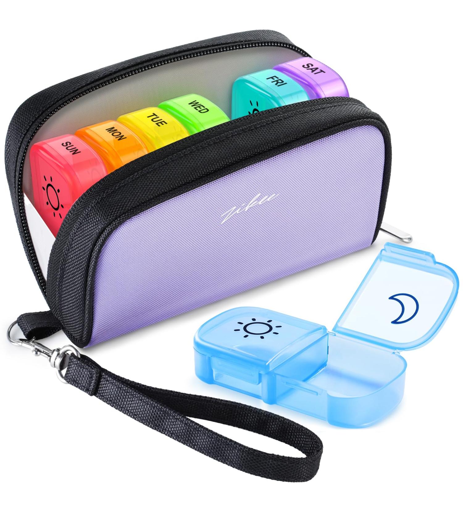 Stylish ZIKEE Weekly Pill Organizer 2x Daily - 7 Day Pill Box with Purple Oxford Bag & Travel Handle for Vitamins Fish Oils & Supplements - Buy Online on GoSupps.com