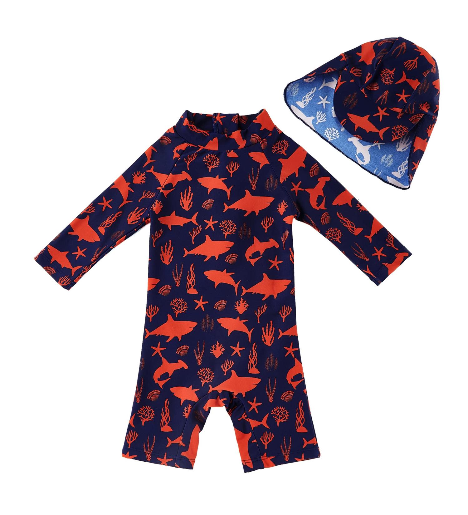 UPF 50+ Red Shark Infant Boy Swimwear One Piece with Sun Hat | 12-18 Months - Buy Online on GoSupps.com