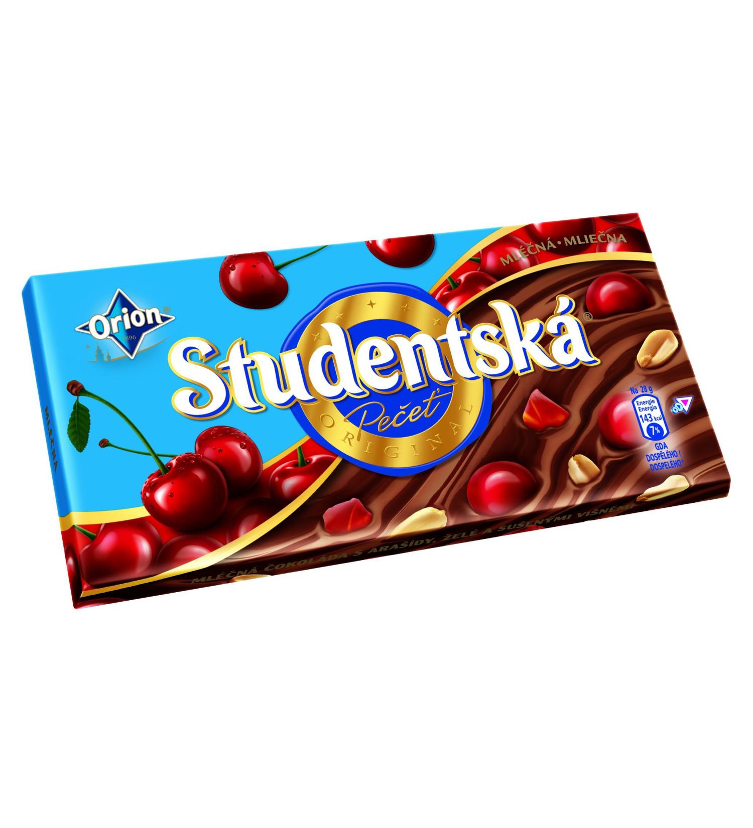 Orion Studentska Milk Chocolate with Sour Cherry/Jelly Pieces and Peanuts 180 g