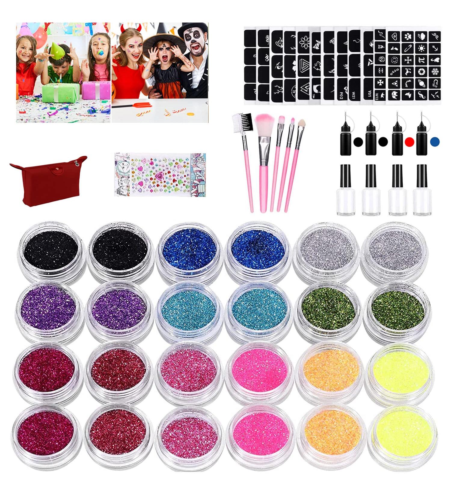 Glitter Tattoos Kit - 24 Colors Waterproof Temporary Tattoos with Stencils, Brushes, Glue, Ink - Body Nail Art, Festival Party - 4 Bottles Ink Included - Buy Online on GoSupps.com