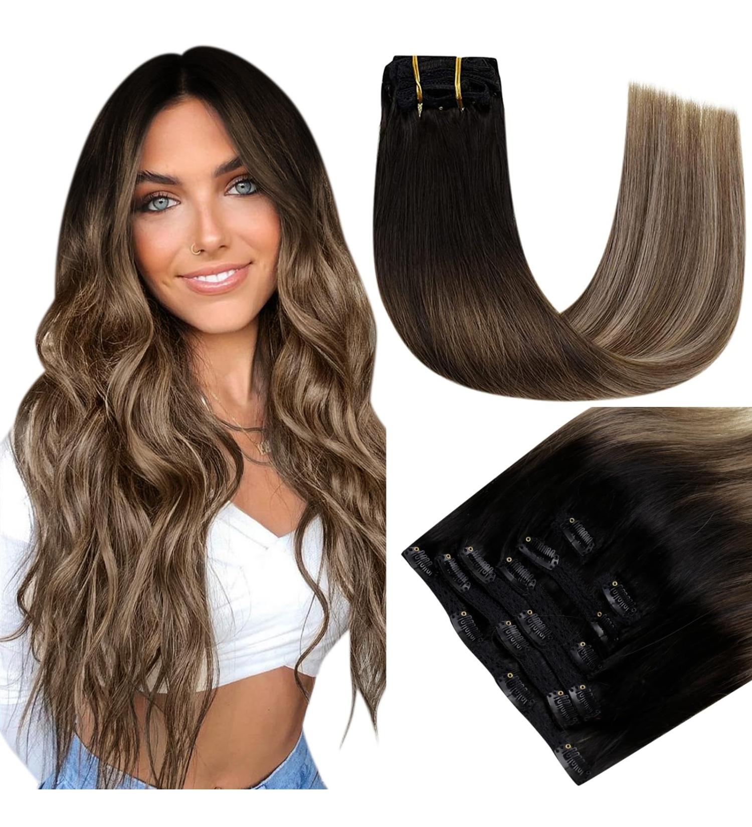 Runature Clip-In Extensions | Real Hair Balayage Brown Blond 45cm Ombre 120g - 7PCs #1b/6/27 - Buy Online on GoSupps.com