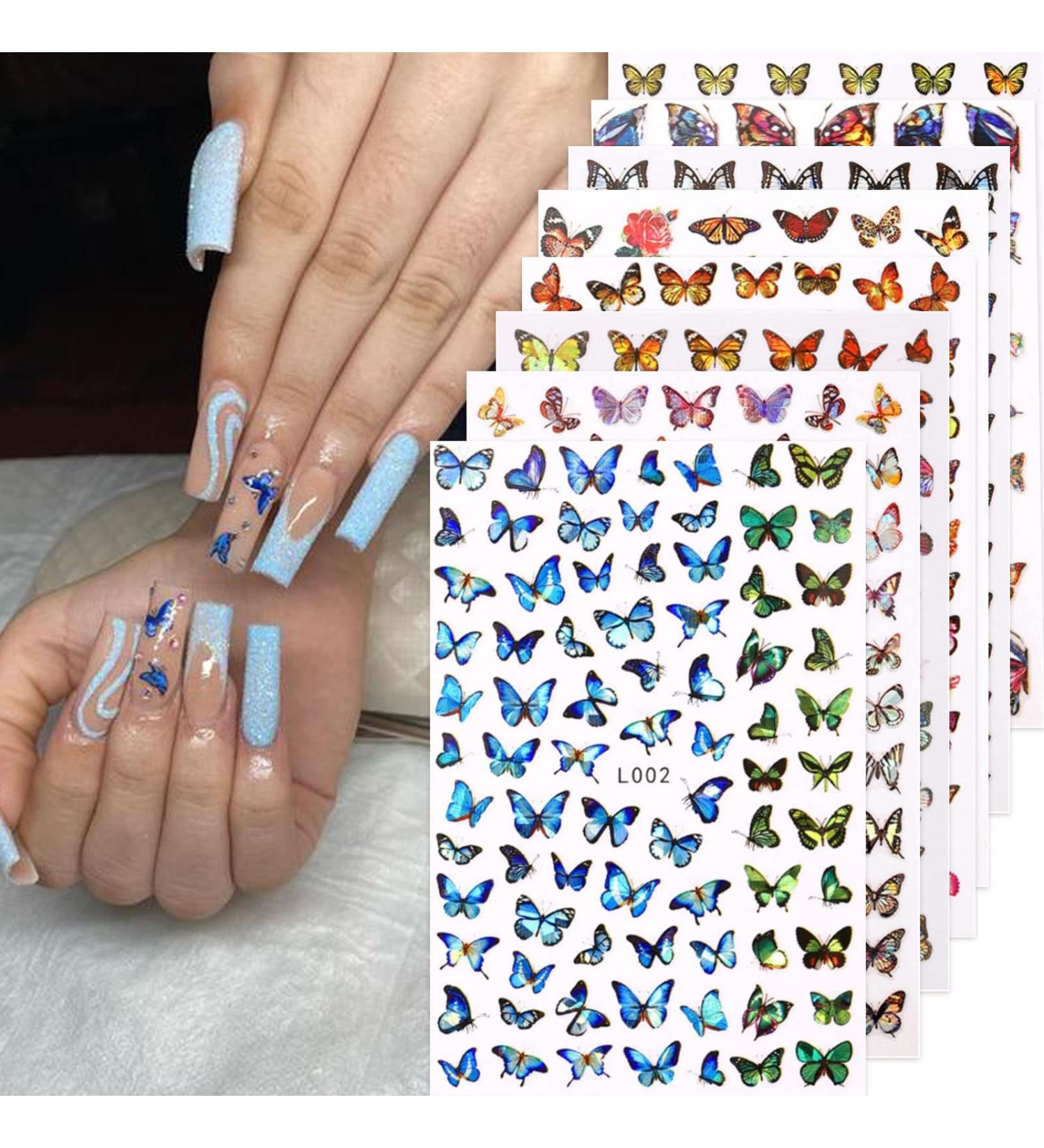 Baoximong Butterfly Nail Stickers - 8 Sheets Colorful Spring 3D Self-Adhesive Decals | Holographic Laser Design Nail Art Accessories for Women - Buy Online on GoSupps.com