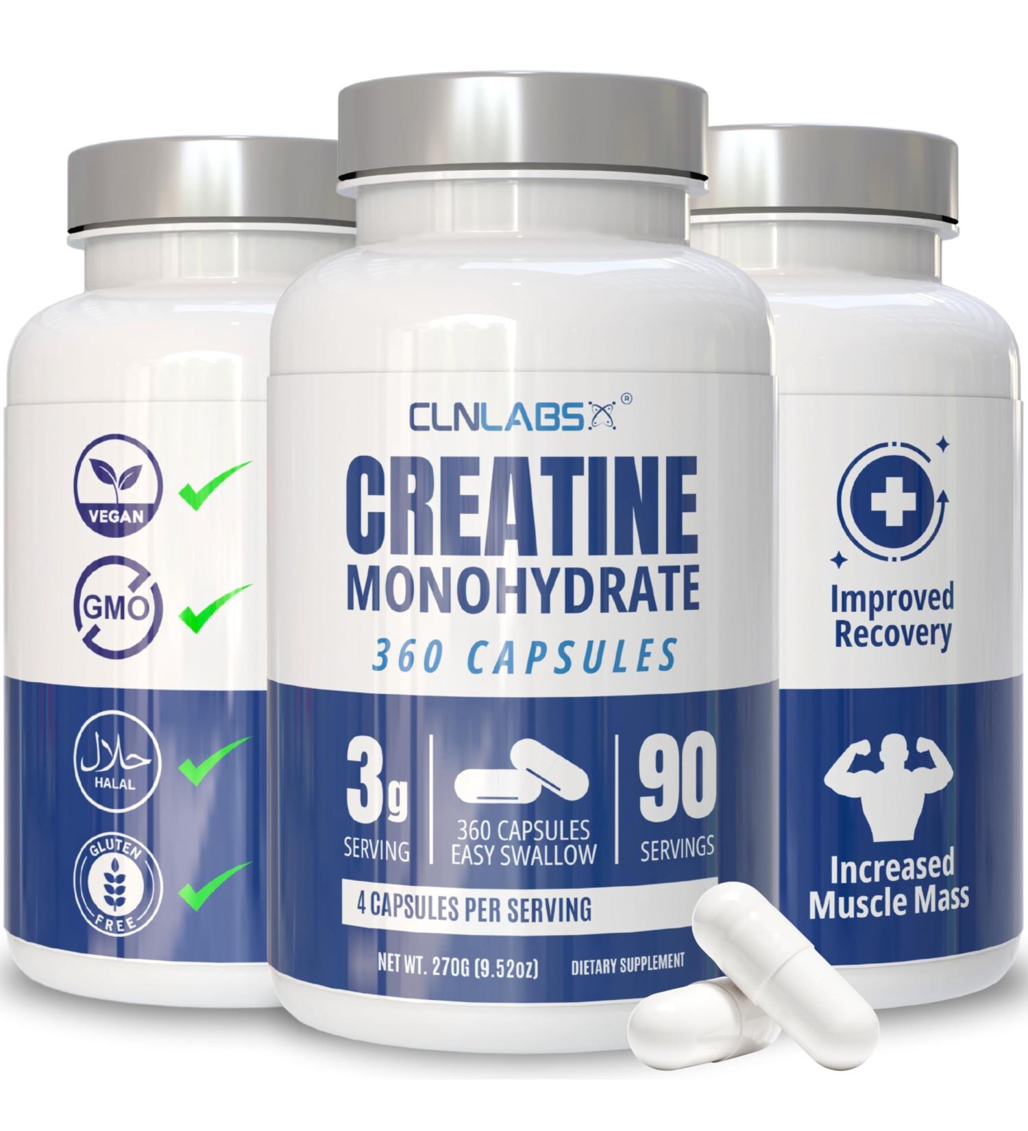 CLN Labs Creatine Monohydrate Capsules - 360 Count | Unflavoured Powder in Easy Swallow Capsules | Made in UK - Buy Online on GoSupps.com