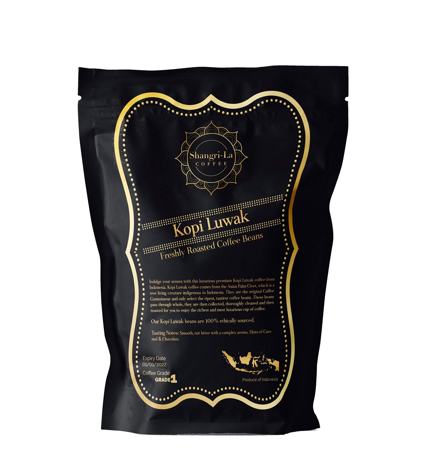 Shangri-La Coffee - Caf Kopi Luwak sauvage - Grains Entiers - 250 grammes (Autres Poids Et Types De Haricots Disponibles) - De Source Durable (D'indon sie) Sans saveur 250 g (Lot de 1)