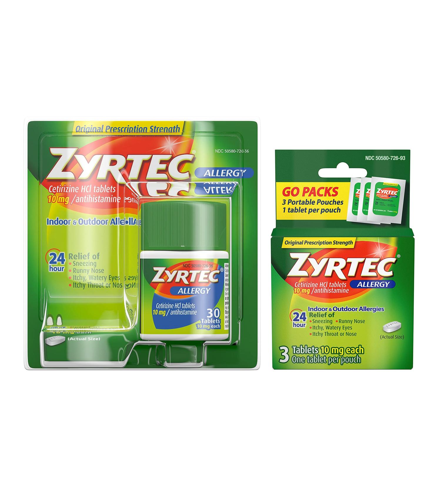 Zyrtec 24 Hour Allergy Relief Tablets Bundle - 10mg Cetirizine HCl - 1 x 30 ct + 1 x 3 ct Travel Pack - Buy Online on GoSupps.com