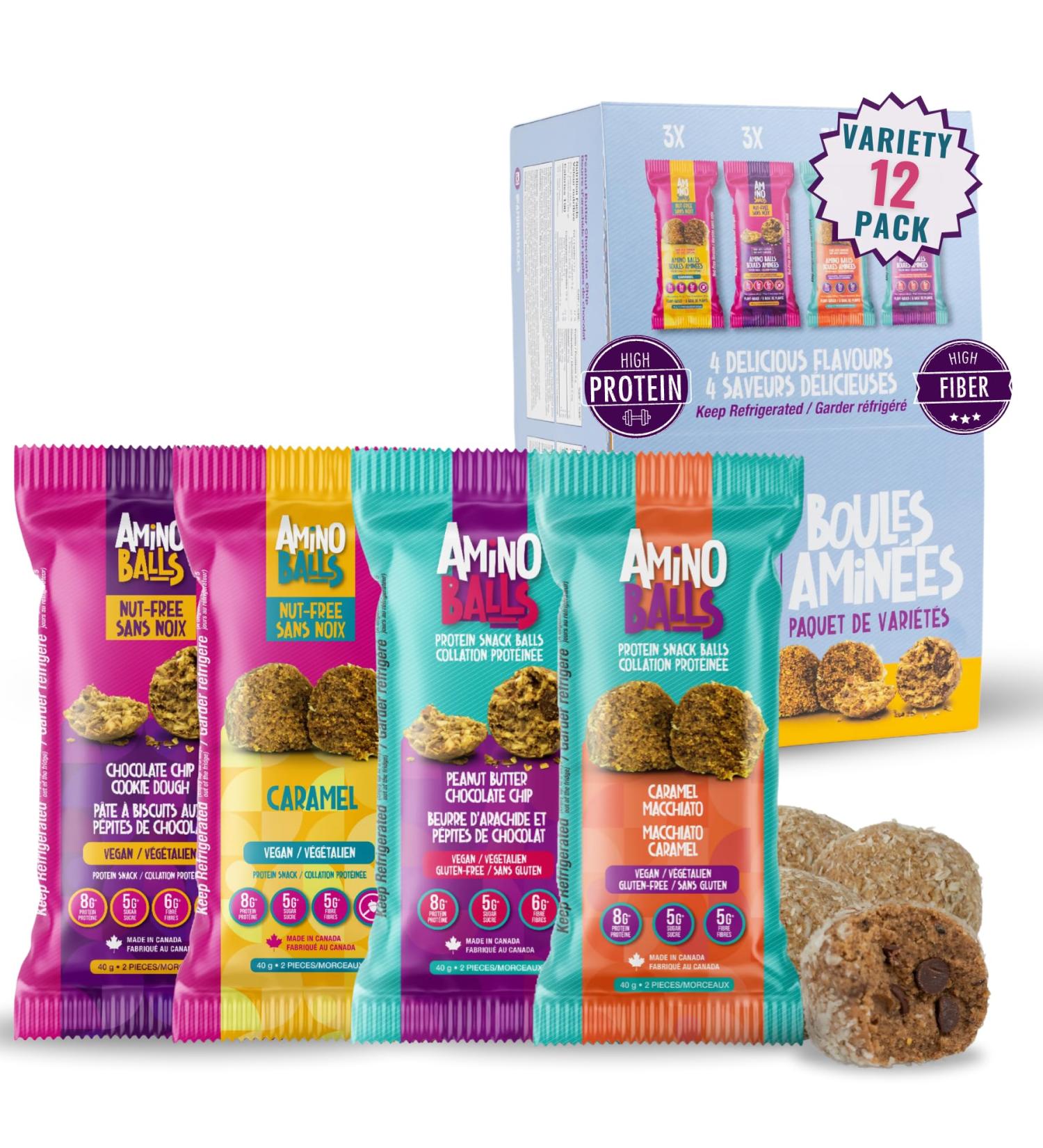 Amino Balls High Protein Balls Variety Pack | 12pcs (1 Box) | Gluten Free Plant Based Vegan Protein Snacks | Perfect for On-the-Go Energy and Satisfying Cravings without the Guilt Variety Pack 1 Box (12 each) - Buy Online on GoSupps.com