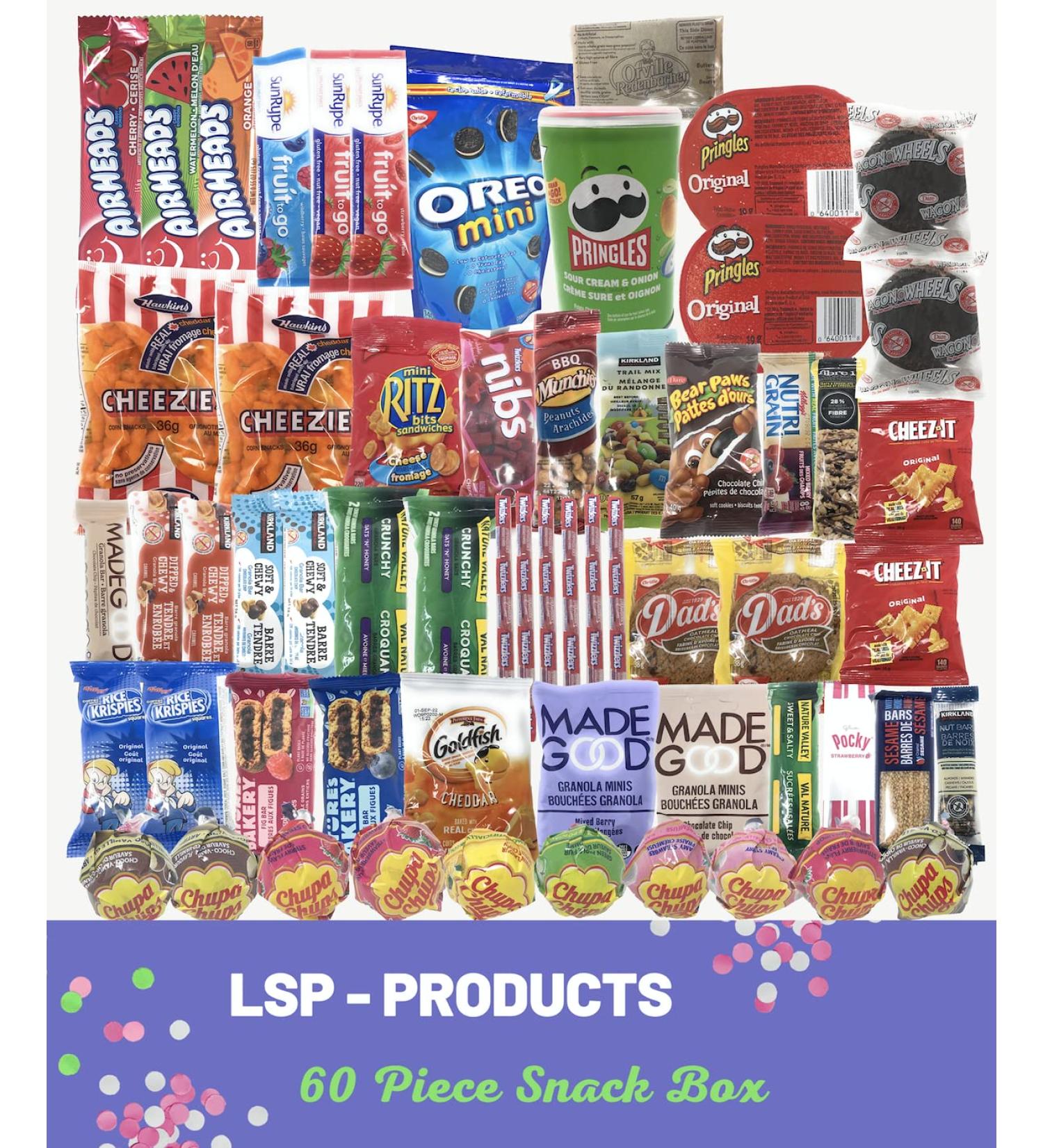 60 Piece Snack and Candy Box - Movie Night Variety Pack - Assortment of Candy Cookies Popcorn Cheezies Nibs Pringles Granola Bars Airheads Oreos and More