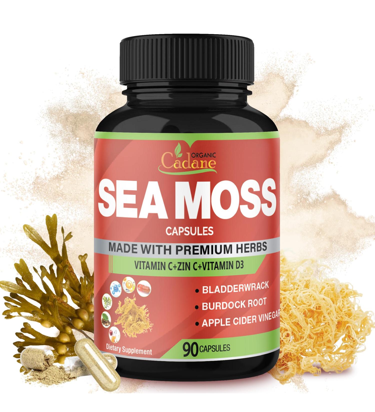 Organic Cadane Irish Sea Moss Extract Capsules - 9in1 with VitC VitD Bladderwrack Burdock Root Elderberry & More - Supports Immune System & Overall Health - 90Capsules - Buy Online on GoSupps.com
