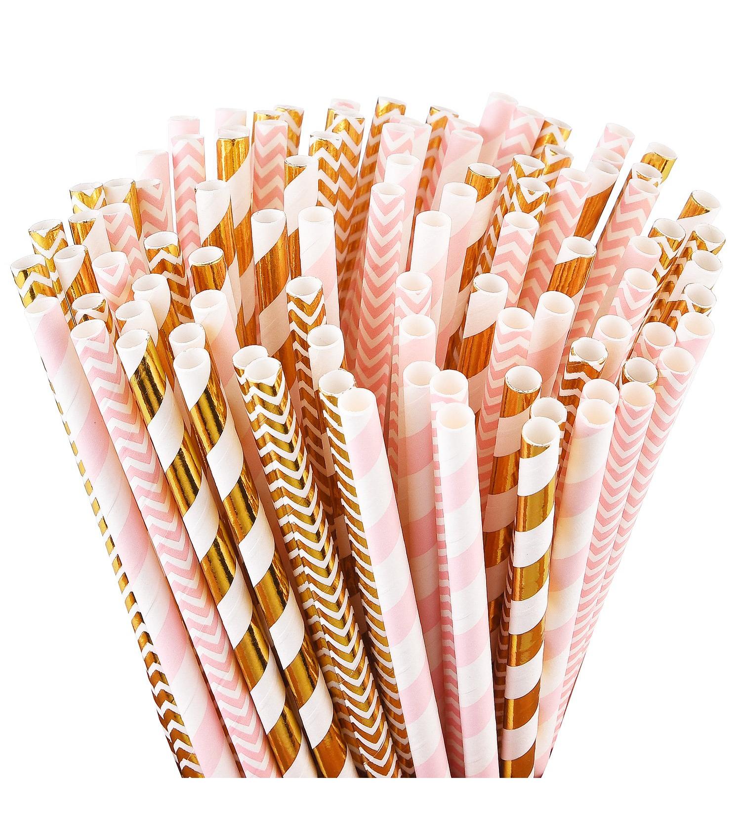 ALINK Biodegradable Paper Straws - 100 Pink/Gold Party Straws for Birthday, Wedding, Shower, Christmas & Holiday Decor - Buy Online on GoSupps.com
