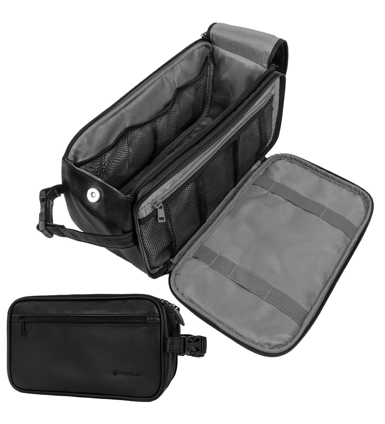 Large Water-Resistant Toiletry Bag for Men | Black PU Leather Dopp Kit Organizer for Grooming & Travel Accessories - Buy Online on GoSupps.com