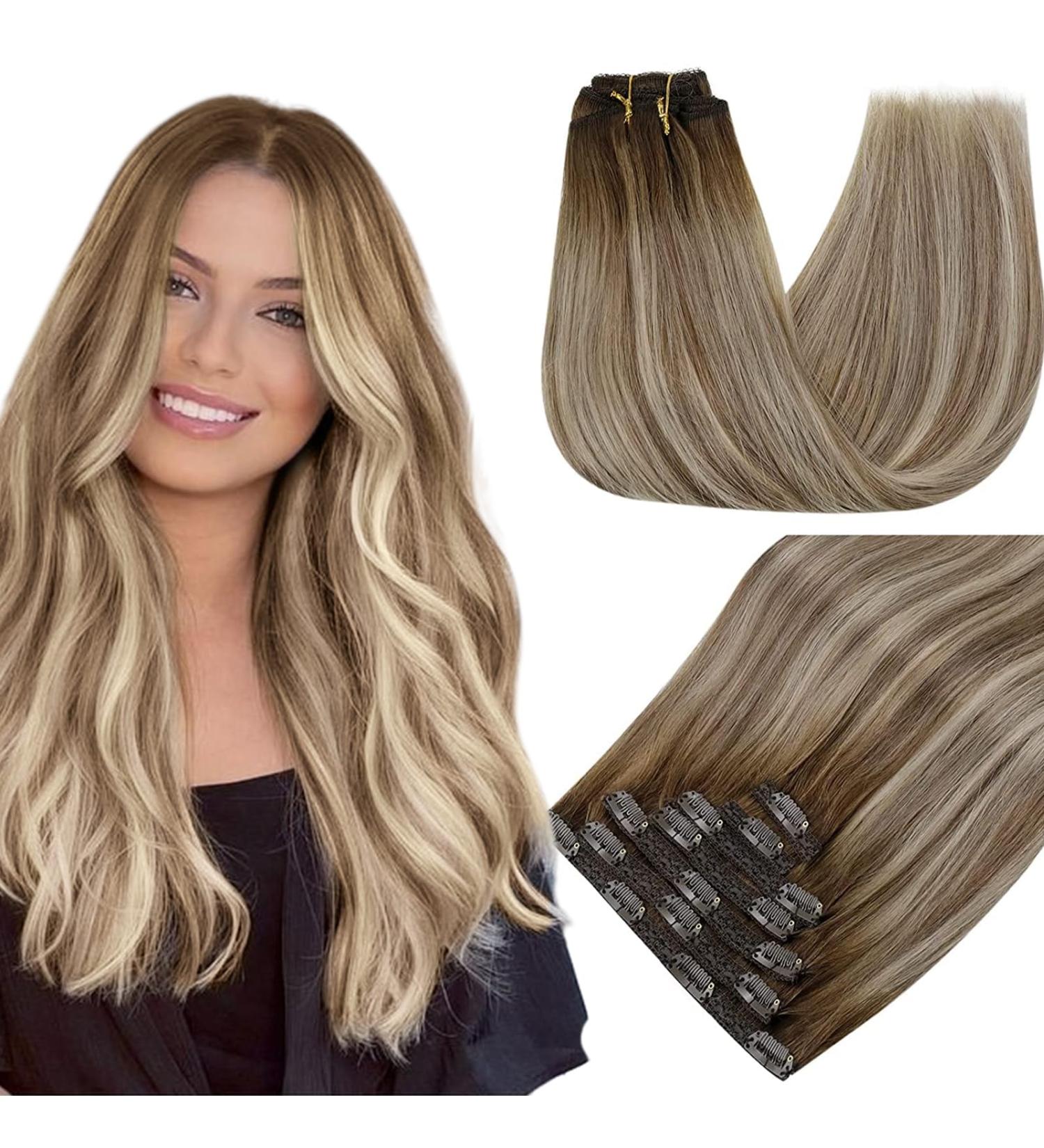 Runature Clip-in Real Hair Extensions - Balayage Ombre Dark Brown to Blonde 40cm 120g 7 Pieces #3/8/22 - Premium Remy Quality - Buy Online on GoSupps.com