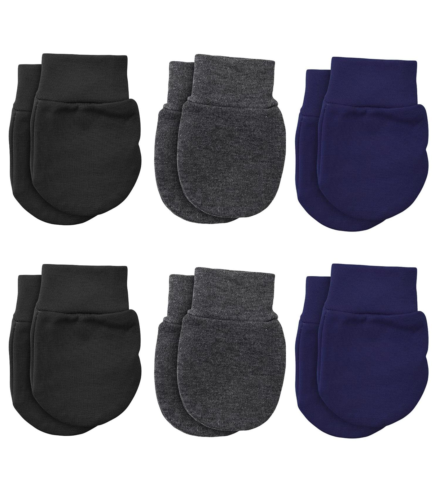 Lusofie 6 Pairs Baby Anti Scratch Mittens | Soft Cotton Infant Gloves for Newborn Boys and Girls 0-6 Months | Navy Blue, Dark Gray, Black - Buy Online on GoSupps.com