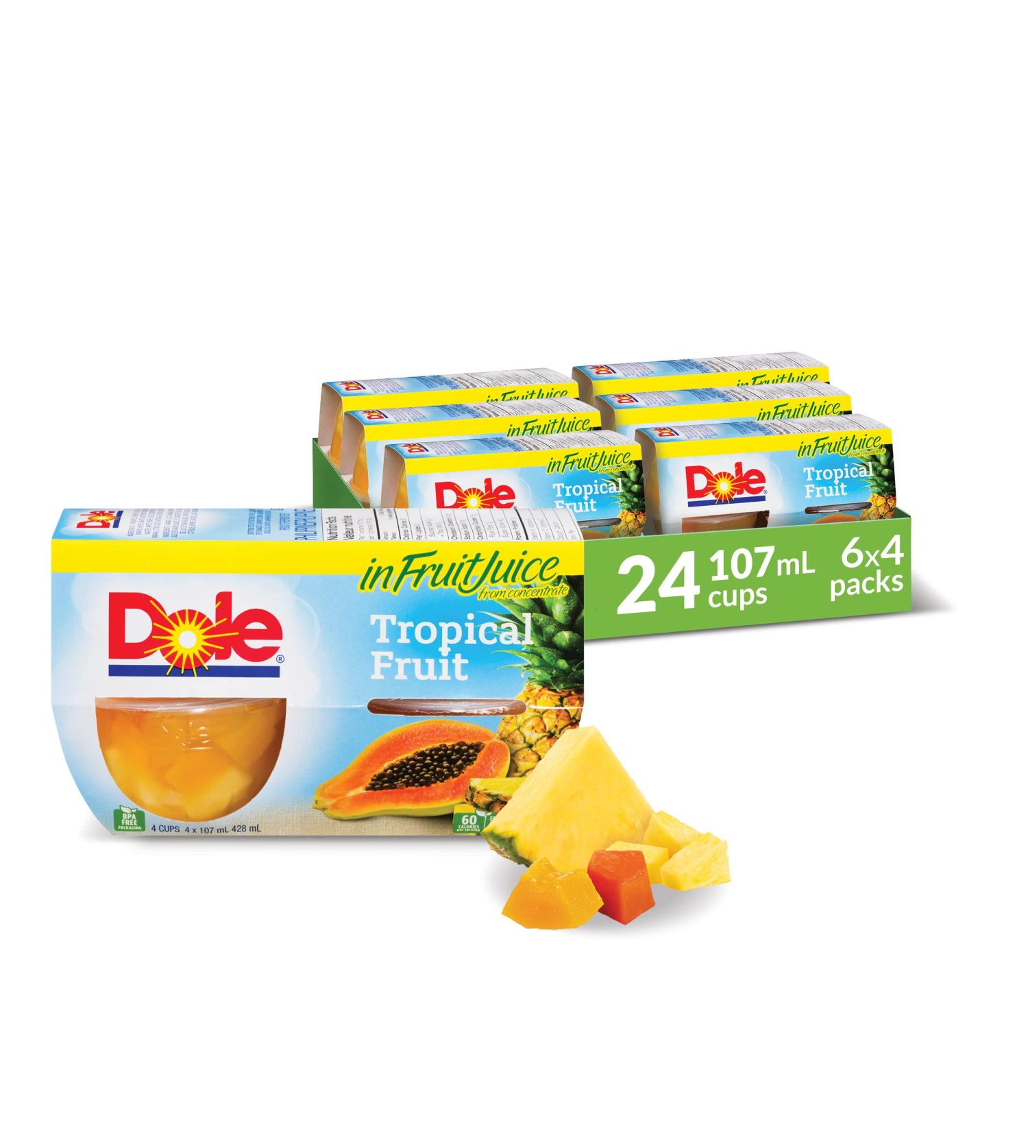 Dole Fruit Bowls Tropical Fruit in Juice Healthy School Snacks 107ml 24 Cups Tropical Fruit 107mL (Pack of 24)