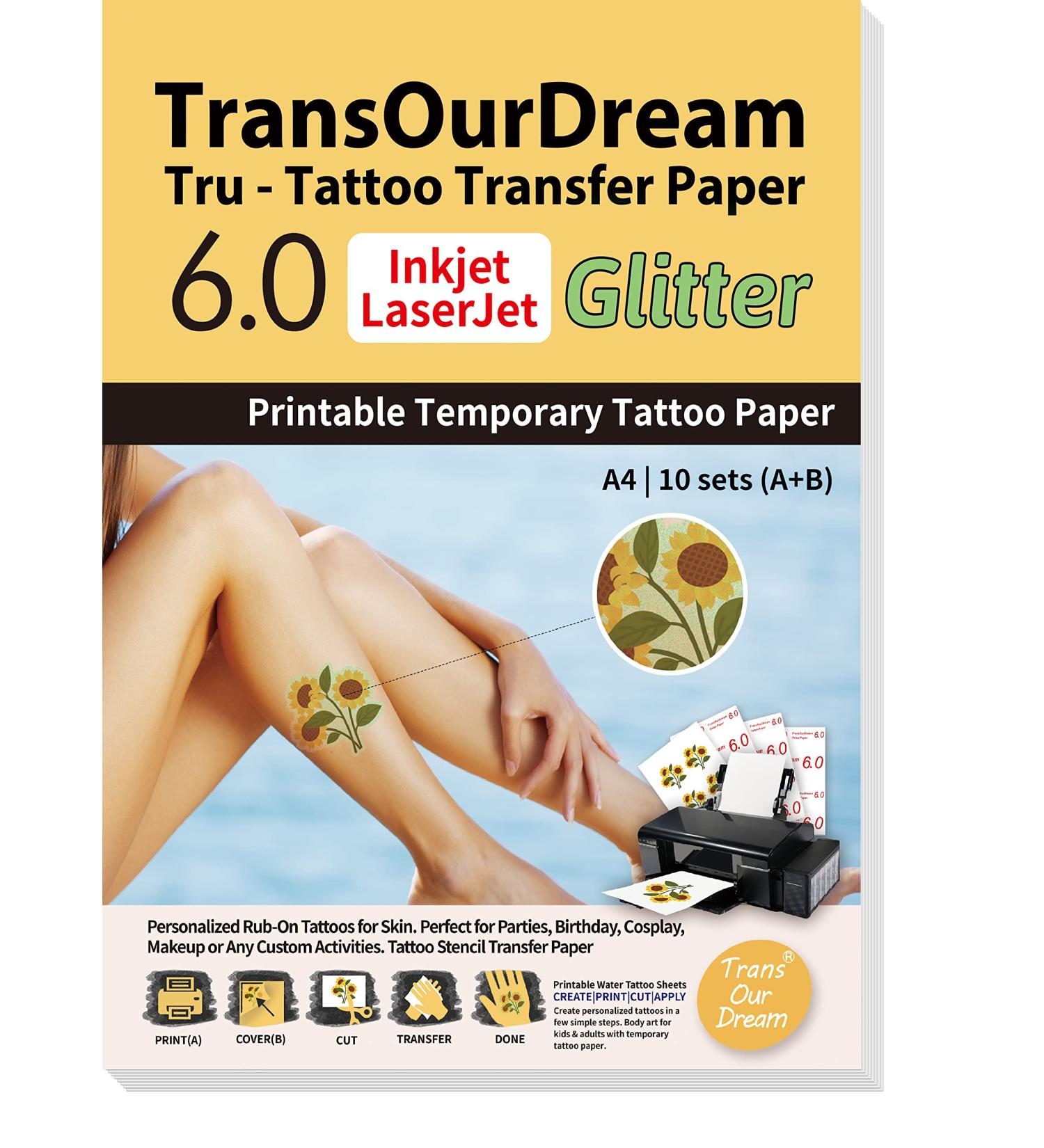 TransOurDream Green Printable Temporary Tattoo Transfer Paper - 10 Sets A4 Size | DIY Personalized Tattoos for Skin with Glitter Green Effect - Buy Online on GoSupps.com
